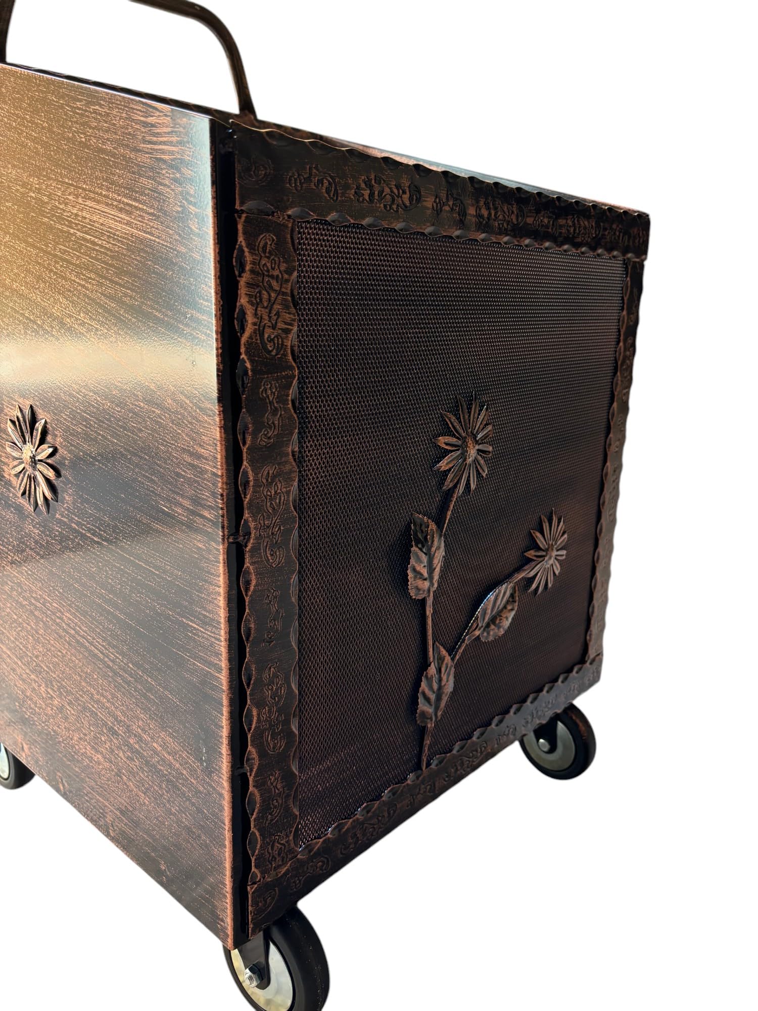 Porta Legna con Ruote, Porta Pellet, in Ferro Battuto, 52 x 50 x 84h cm, Motivo Floreale, Per Camino e Stufe (Rame)