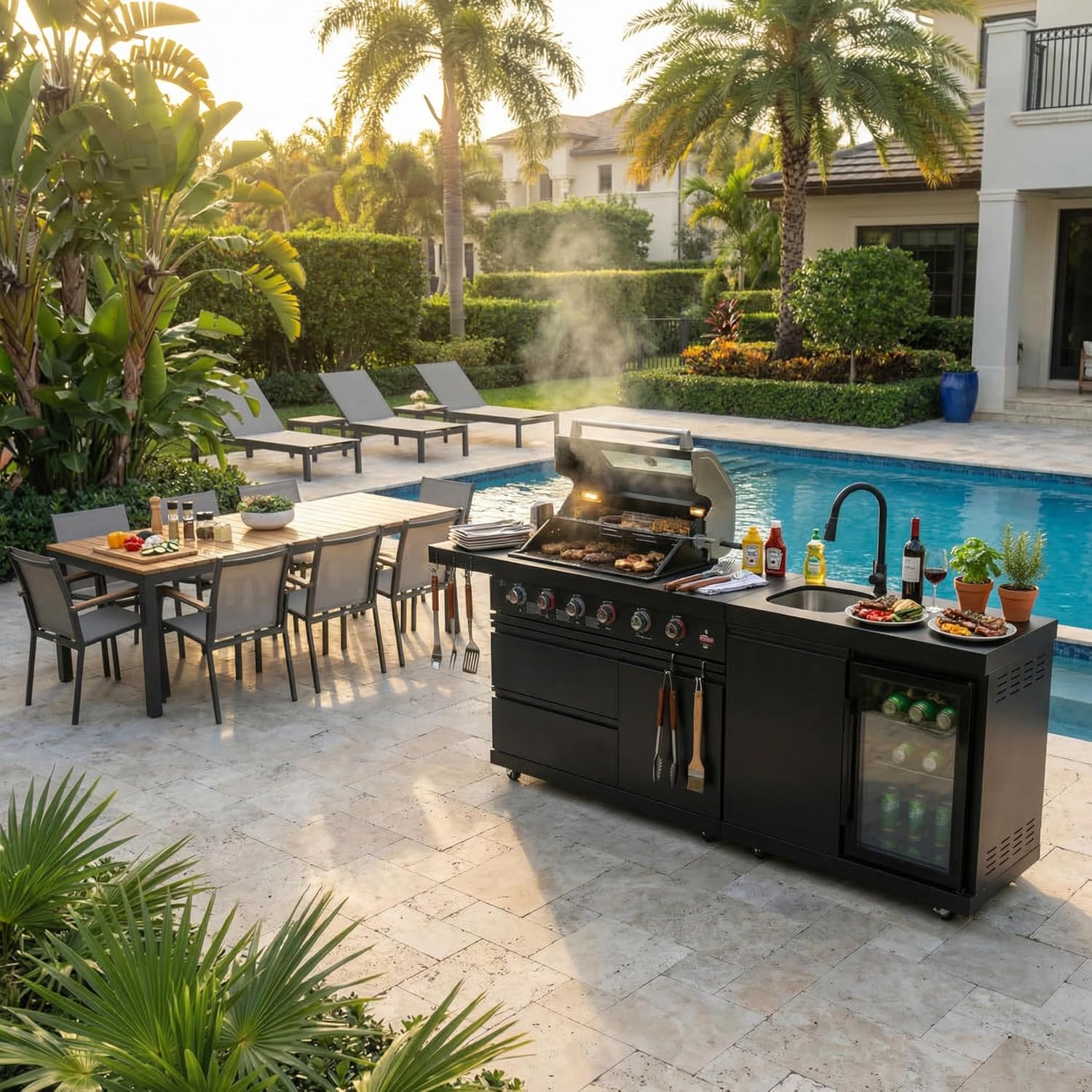 84 Inches Outdoor Kitchen Island, 5-Burner 75300 BTU Propane Stainless Steel BBQ with Side Burner, Refrigerator and Sink, Rotisserie, Granite Countertops, Storage for Backyard BBQ (Black)