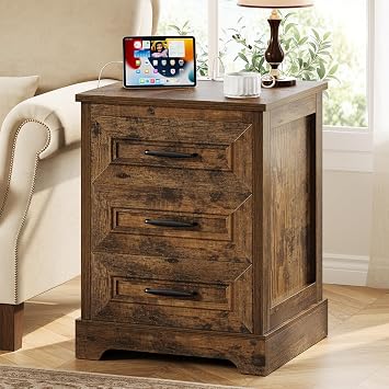 Farmhouse Nightstand with Charging Station, Wood Night Stand with 3 Drawers, Bedside Table, Nightstands with Storage, Rustic Night Stands for Bedroom, Closet, 18" Wide, 24" Tall