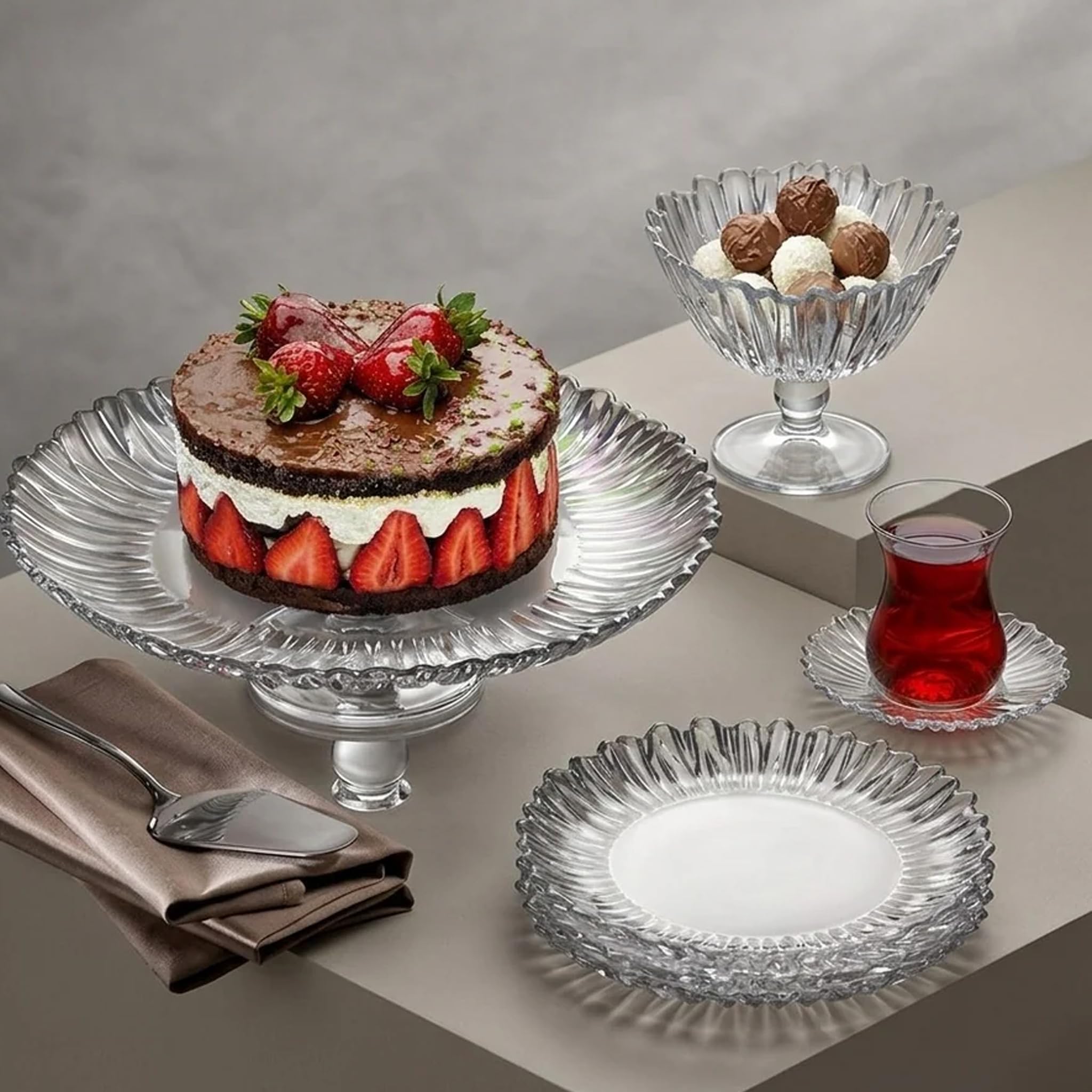 Aurora Servier-Set 20-teilig aus Glas | Elegantes Tee-Service & Kaffeeservice mit Tortenplatte, Etagere, 6 Teegläsern, Untersetzern & Kuchentellern | Spülmaschinenfest | Transparentes Design