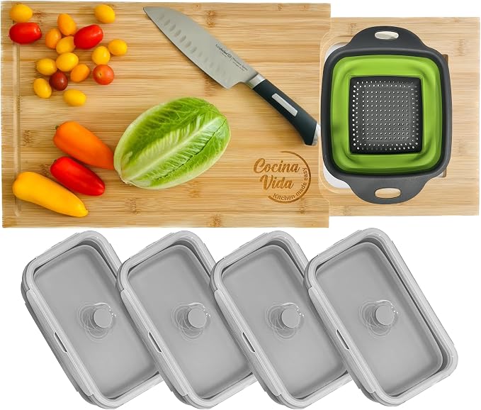 Cutting Board With Collapsible Containers And Strainer