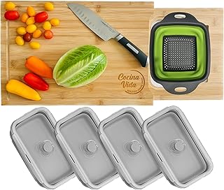 Cocina Vida Bamboo Cutting Board With 4 Collapsible Containers And Strai...