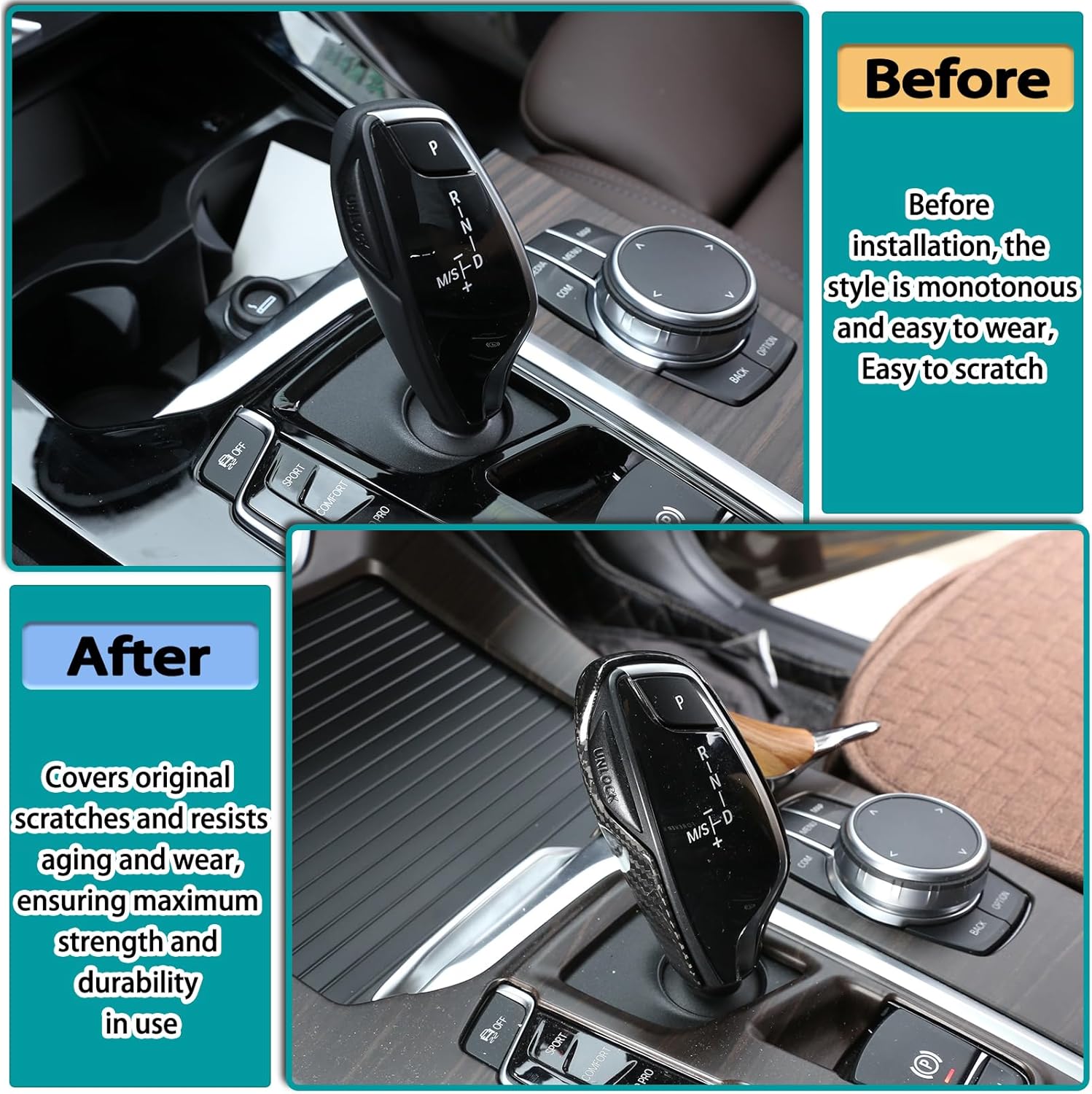 Gear Shift Knob Head Cover Compatible with BMW G30 5 Series F06 6 Series G11 7 Series G01 X3 G02 X4 Car Gear Head Cover Gear Handle Gear Lever Protective Shell(Carbon Fiber，Black)