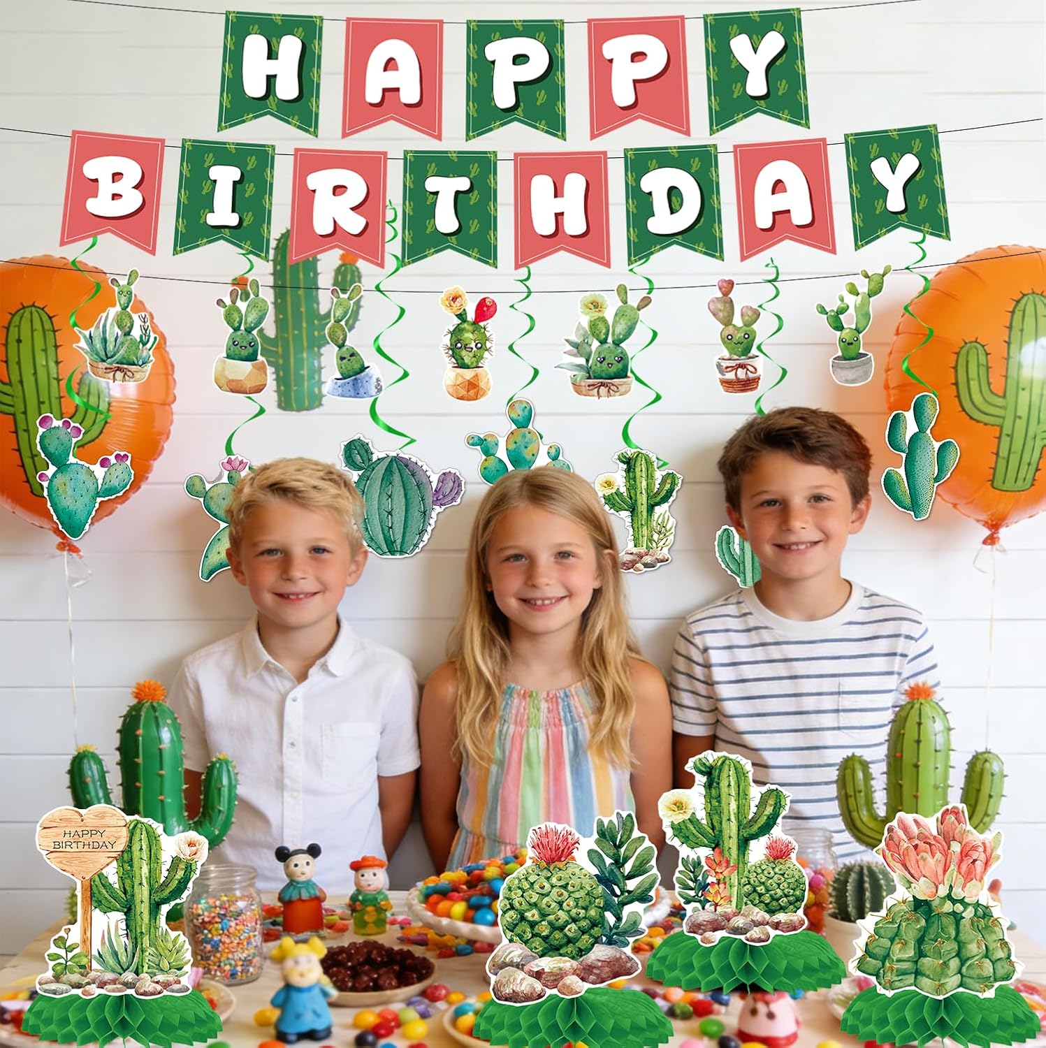 Rakuto Cactus Birthday Party Decorations, 14PCS Cactus Happy Birthday Banners with Hanging Swirls Decoration Set, Mexican Fiesta Taco Theme Honeycomb Centerpieces Table Decor Supplies
