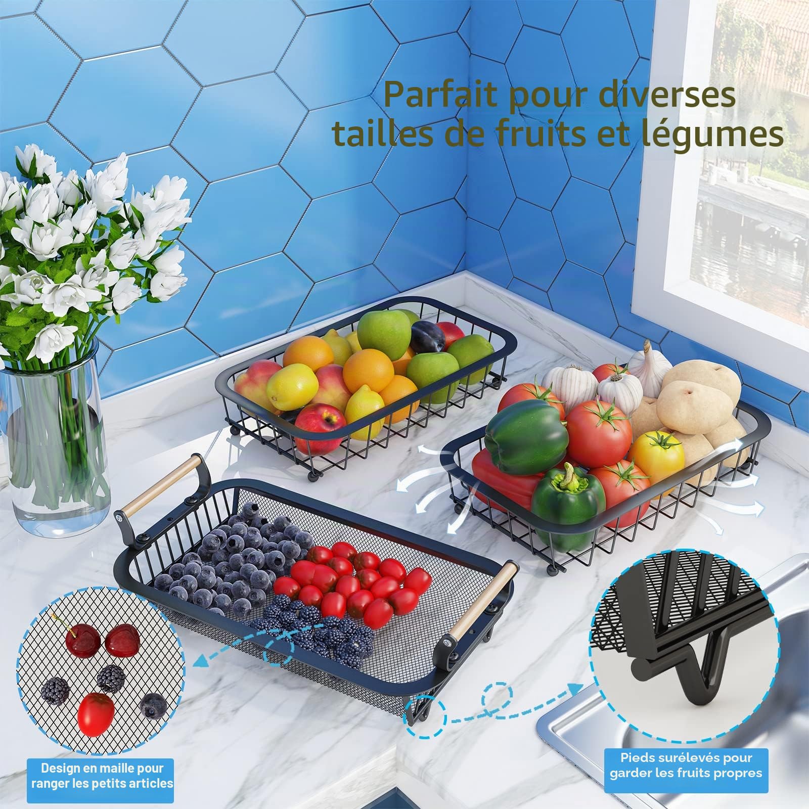 Panier à fruits à 3 niveaux avec 2 cintres pour bananes, panier à fruits et légumes pour comptoir de cuisine, panier en maille métallique, support de fruits pour oignons, collations et légumes, noir