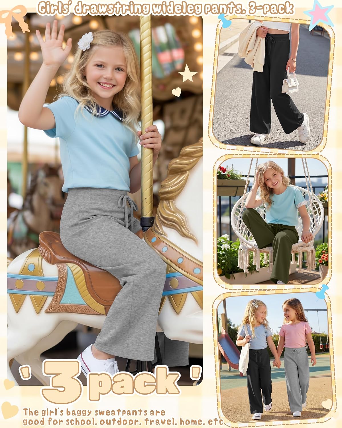 3 Pack Girl's Wide Leg Pants Elastic Waist Lightweight Joggers Kids Drawstring Casual Flowy Sweat Pants 5-14 Years