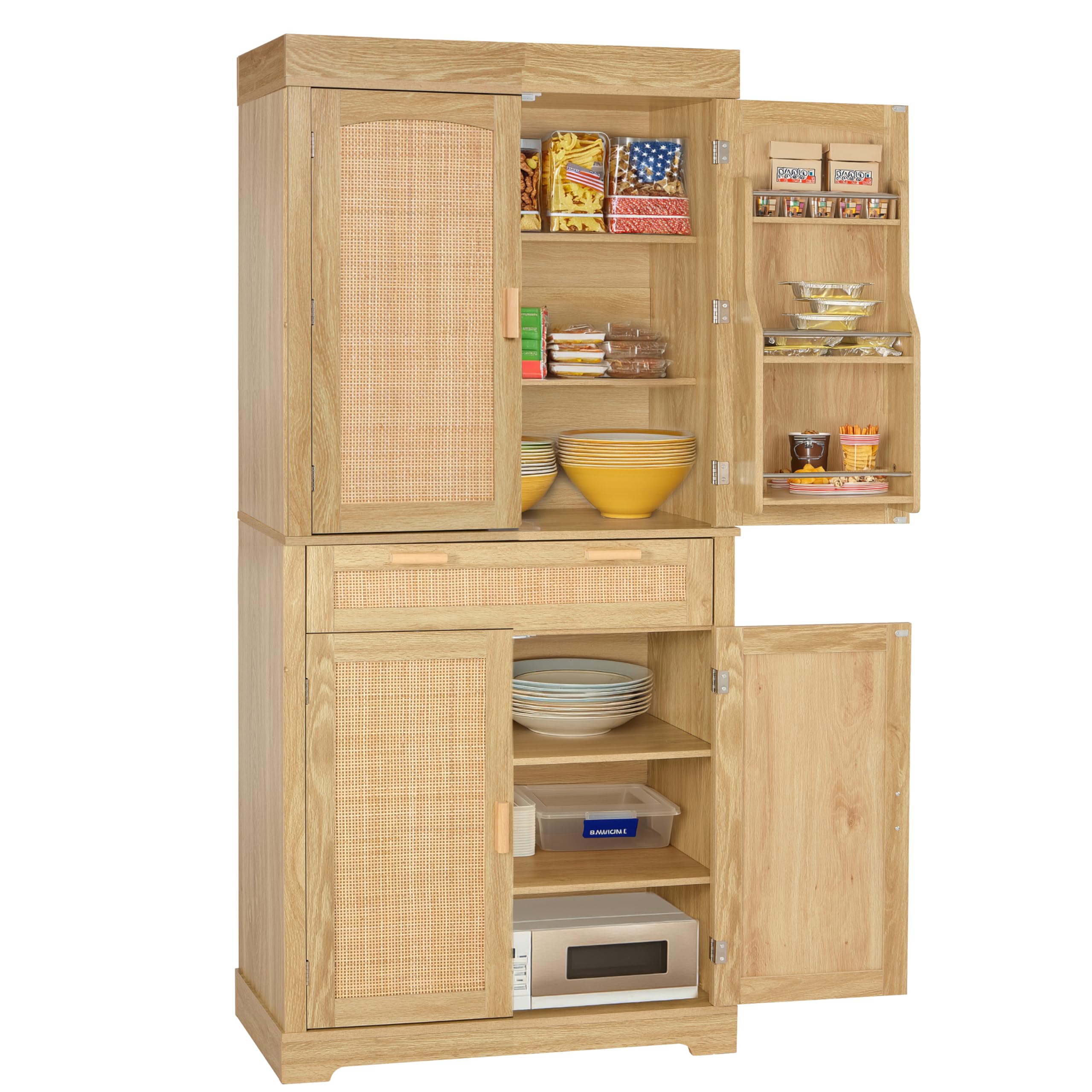 Finnhomy 72" Tall Rattan Kitchen Pantry, Storage Cabinet with a Drawer and Adjustable Shelves, Freestanding Wood Cupboard for Living Room, Kitchen
