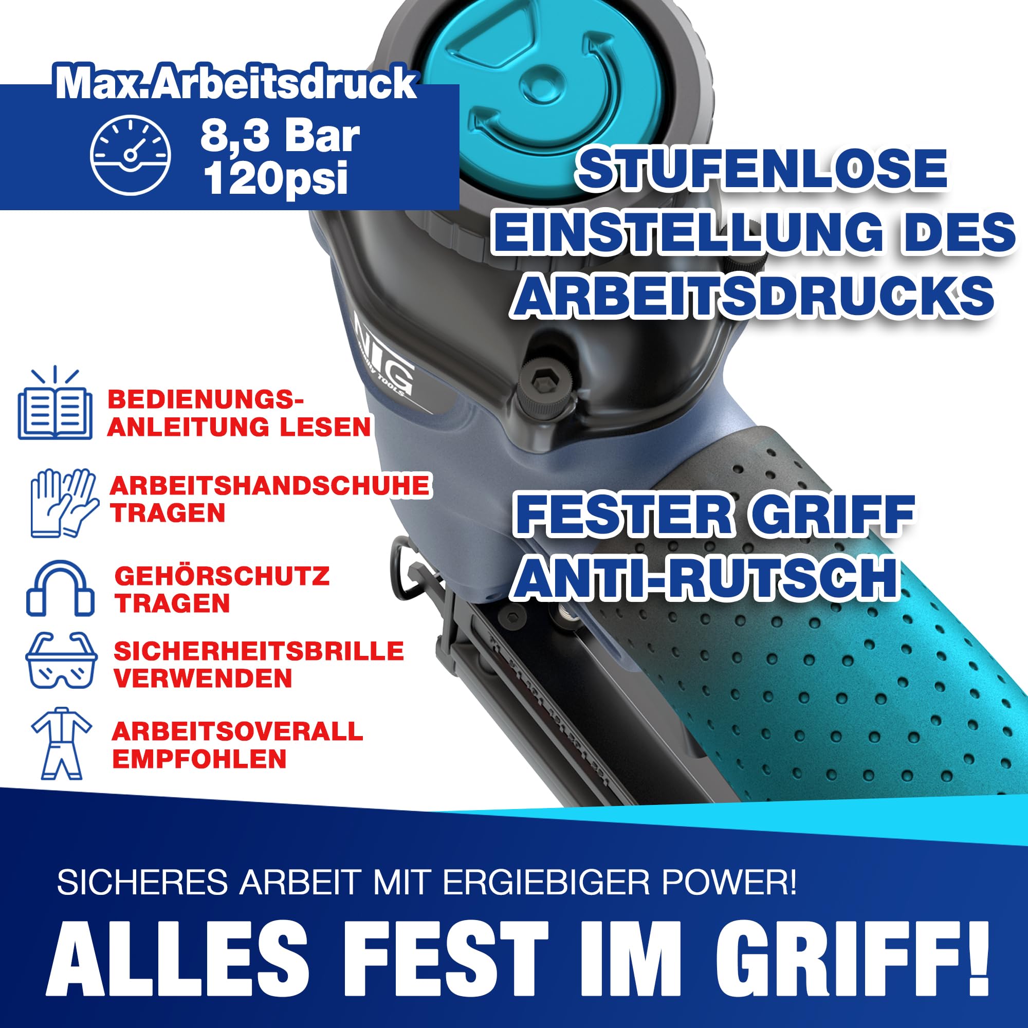 NTG Druckluft Nagler Nagelpistole Komplettset 1,1 kg 100 Stück Magazin 16-40 mm Tacker Klammergerät