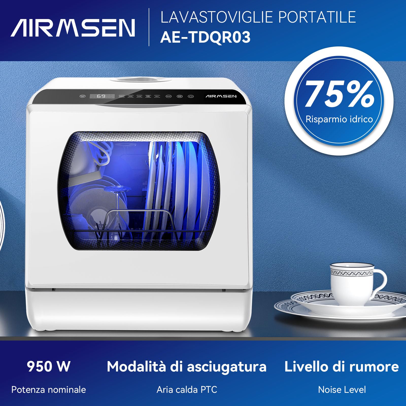 AIRMSEN Mini Lavastoviglie da Tavolo 5+1 Programmi, Serbatoio 5L, 2 Modi di Approvvigionamento Idrico, Touch Control e Display LED, Ideale per Cucine, Appartamenti e Dormitori, Bianco