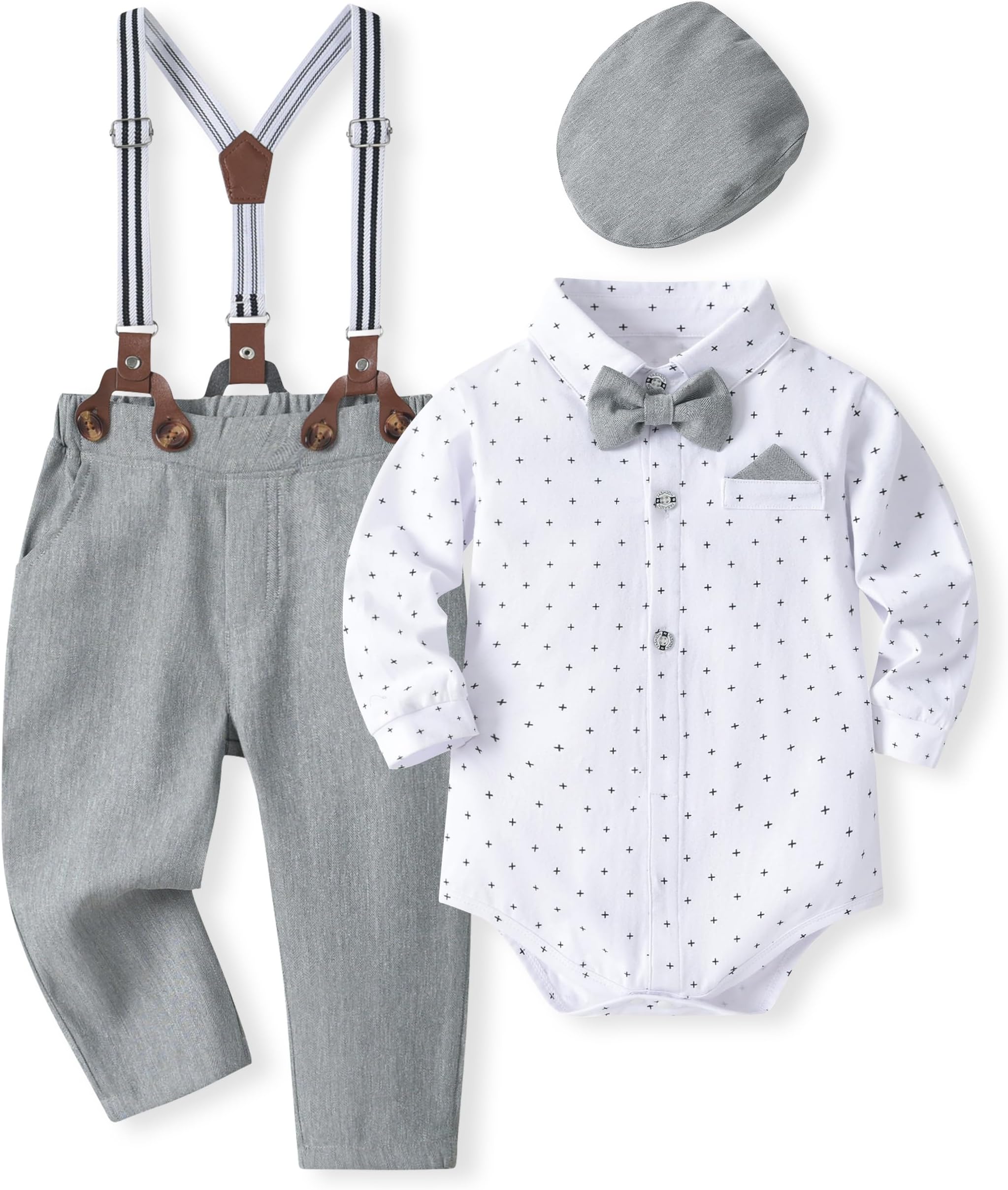 Baby Boys Gentleman Suit, Formal Bow Tie Romper + Suspenders Pants + Beret Hat 5PCS Outfit