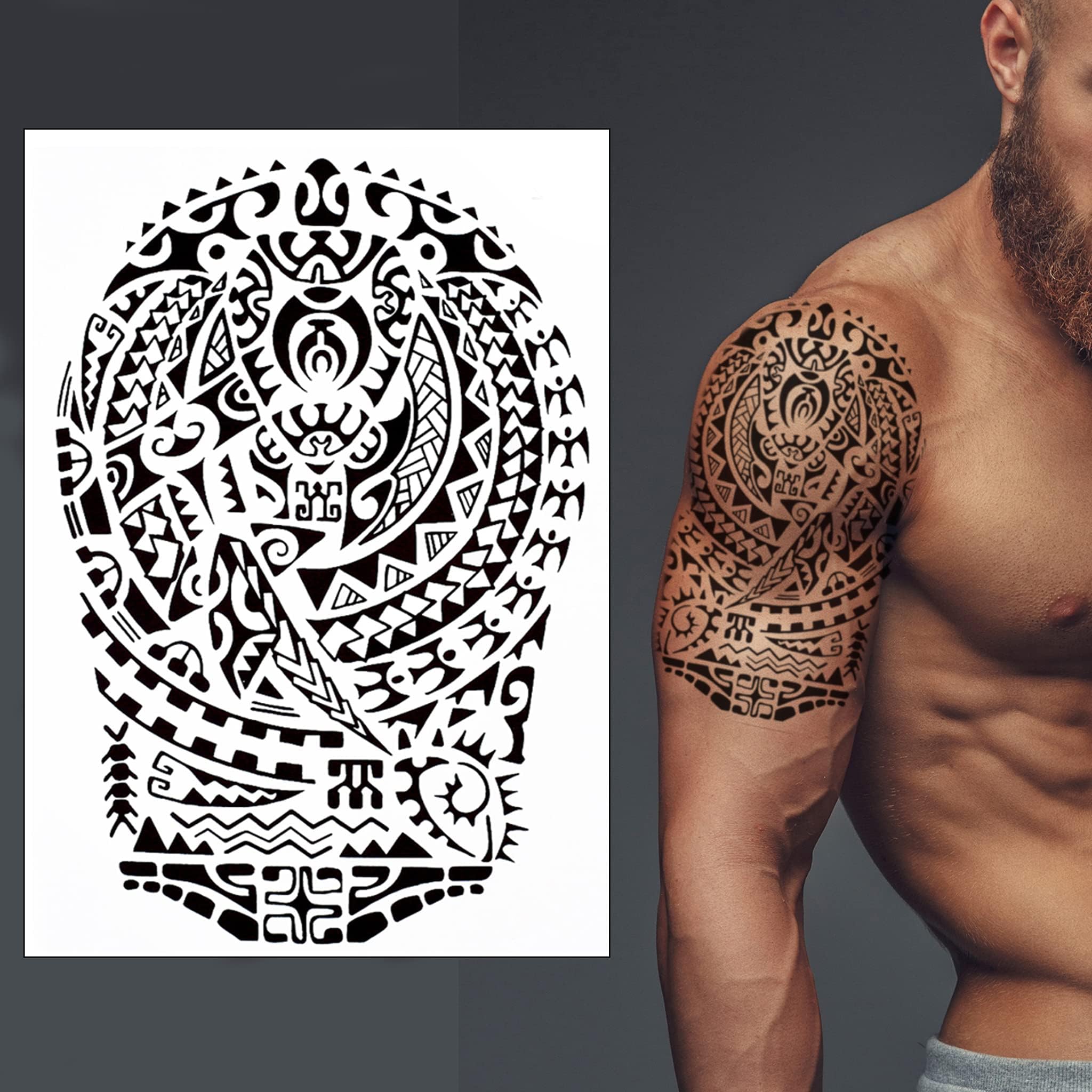 Polynesian Turtle Temporary Tattoo Transfer Black Tribal Maori Samoan Waterproof Realistic Arm Body Art Sticker Mens Womens Kids - By Delusion Tattoos, 15cm x 21cm