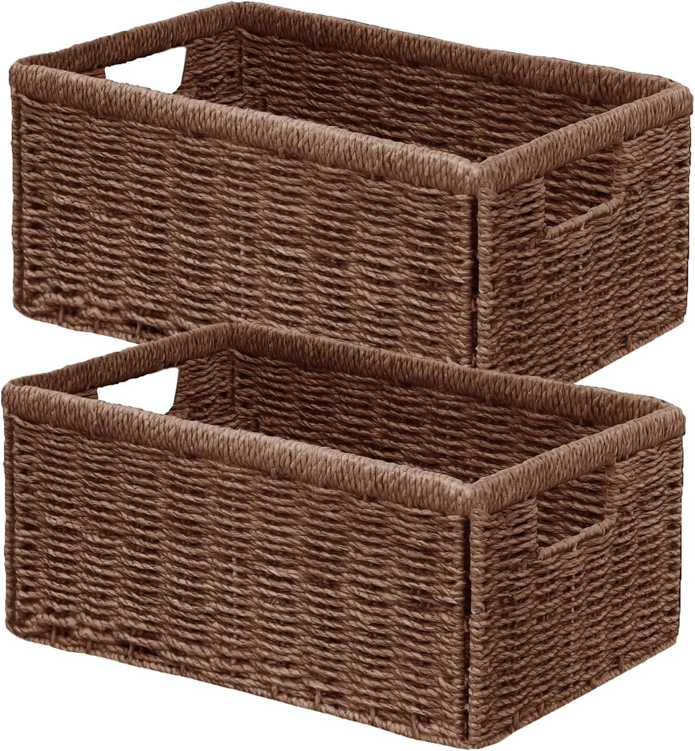 Vagusicc Wicker Storage Basket, Set of 2 Hand Woven Wicker Baskets for Organizing with Handles, Decorative Small Storage Bins for Countertop Toilet Paper Basket for Toilet Tank Top, Shelves, Brown