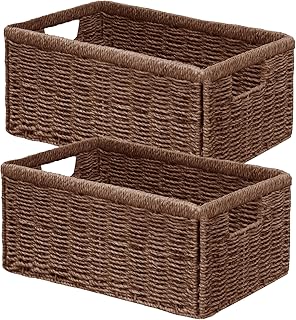 Vagusicc Wicker Storage Basket, Set of 2 Hand Woven Wicker Baskets for Organizing with Handles, Decorative Small Storage Bins for Countertop Toilet Paper Basket for Toilet Tank Top, Shelves, Brown