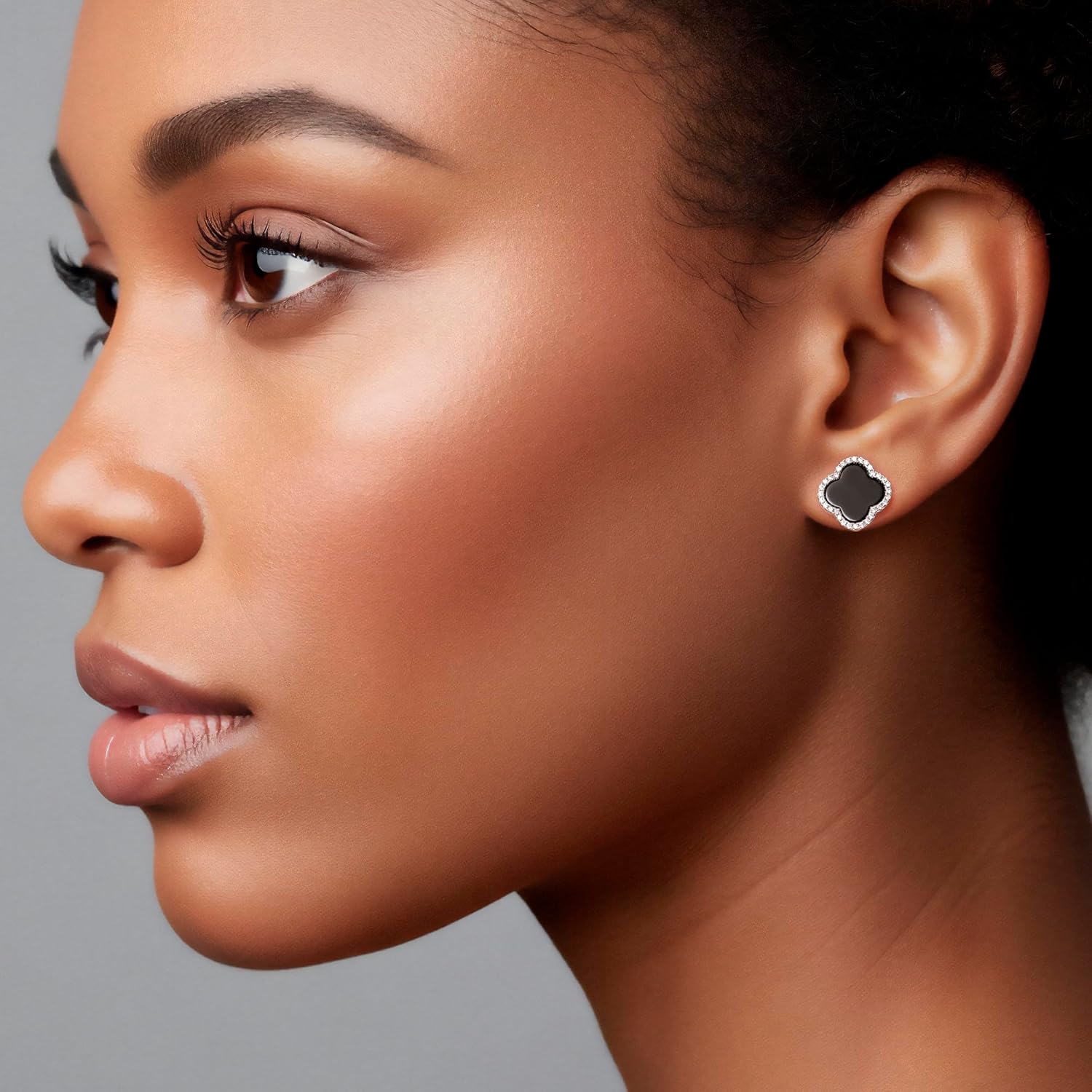 925 Sterling Silver Black Onyx Clover Stud Earrings with CZ Halo, Dainty Earrings for Women, Elegant Floral-Inspired Jewelry Gift