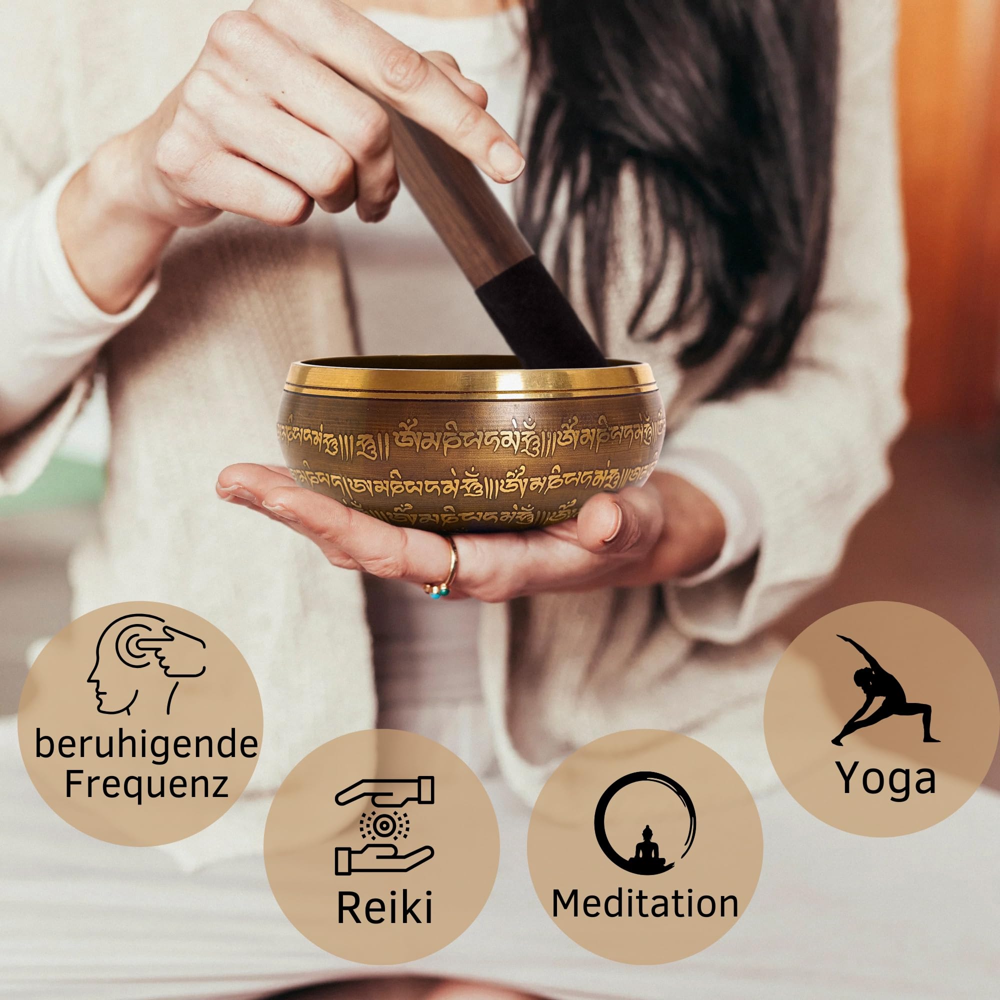 XL Klangschale aus Nepal – ebook - kunstvoll verziert - Tibetisches Set für Meditation – Yoga – Schule & Kita – Loktapapier Geschenkbox