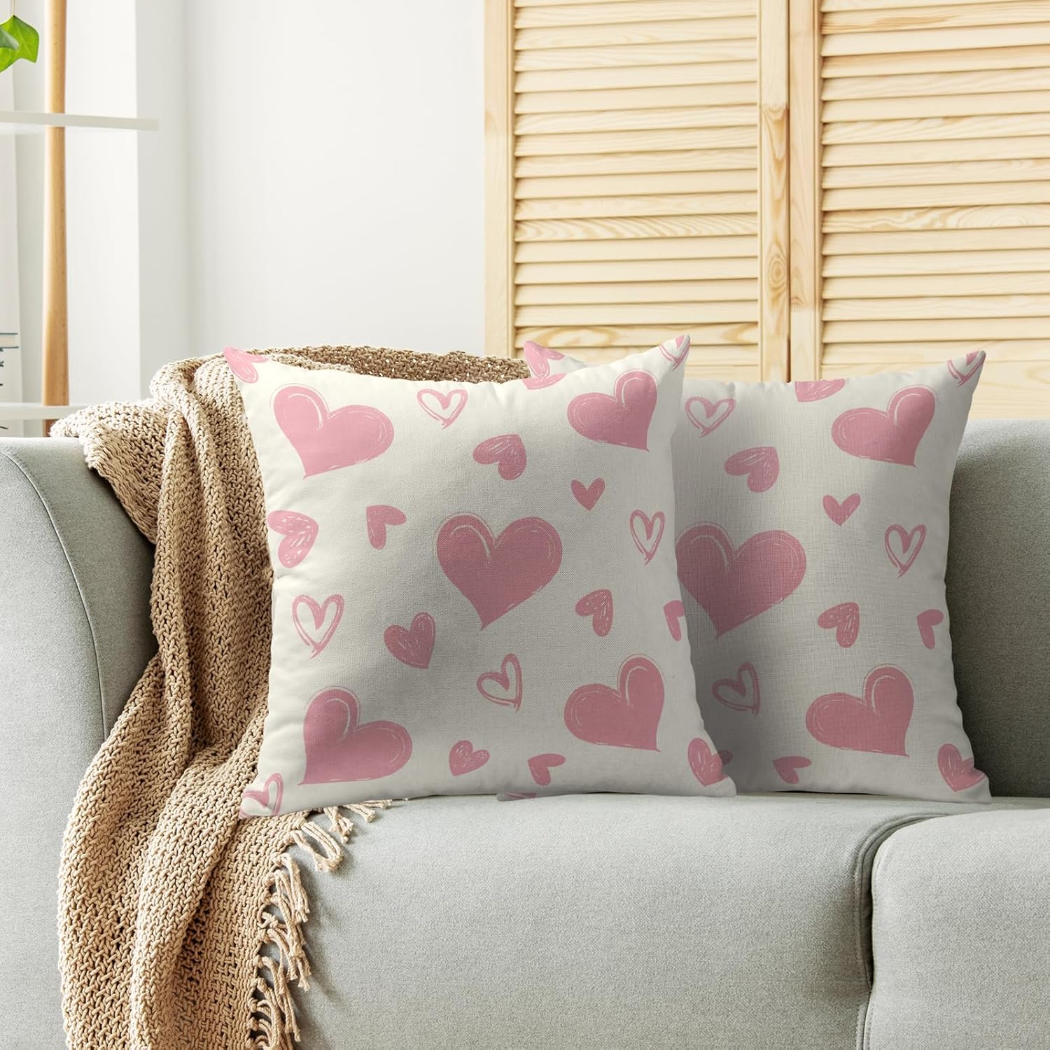 Light Pink Cream White Valentines Pillow Covers 24X24 Set of 2, Valentine's Day Love Heart Print Decorative Throw Pillow Covers Outdoor Farmhouse Holiday Decorations Cushion Case Couch Sofa Bed Decor