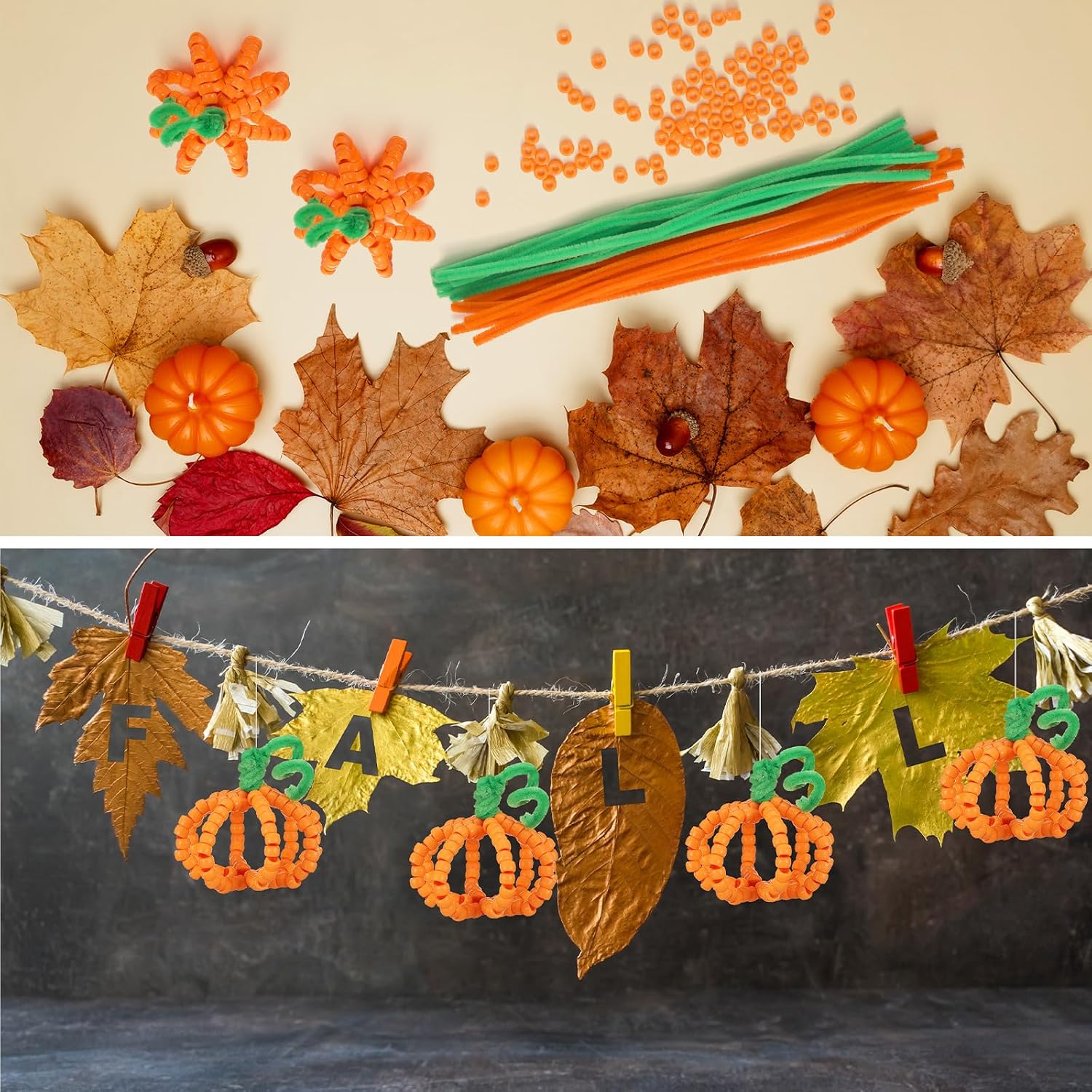 Vicenpal 12 Sets Fall Beaded Pipe Cleaner Pumpkin Craft Orange Autumn Ornament Craft Thanksgiving Pony Beads for DIY Decorations Making Supplies