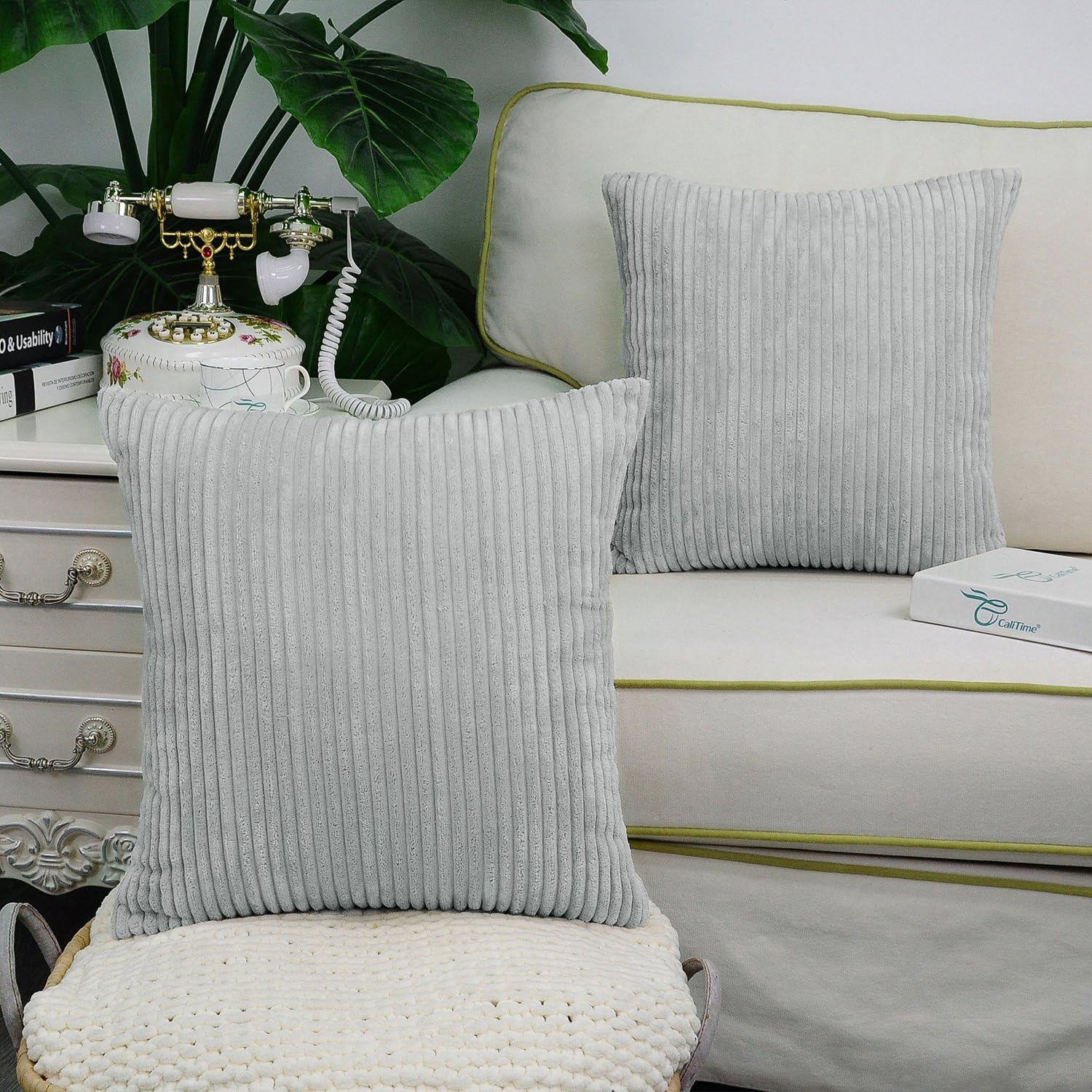CaliTime Pack of 2 Cozy Throw Pillow Covers Cases for Couch Sofa Bed Comfortable Supersoft Solid Corduroy Striped Both Sides 20 X 20 Inches Light Gray