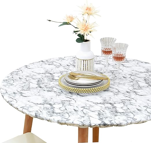 Rally Home Goods Indoor Outdoor Patio Round Fitted Vinyl Tablecloth, Flannel Backing, Elastic Edge, Waterproof Wipeable Plastic Cover, White Marble Pattern for 10-Seat Table of 57-72’’ Diameter