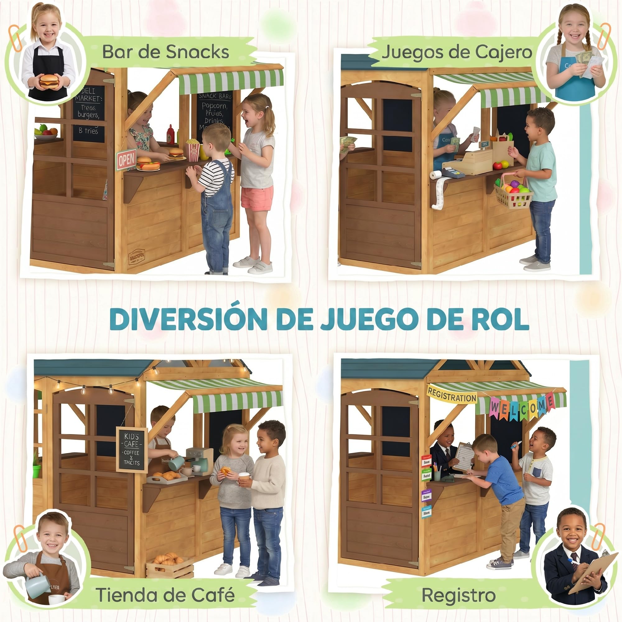 AIYAPLAY Casita Infantil Exterior de Madera Plegable Casa Jardín Infantil con 2 Pizarras Ventanas y Toldo Casita de Juegos para Niños a Partir de 3 Años Natural