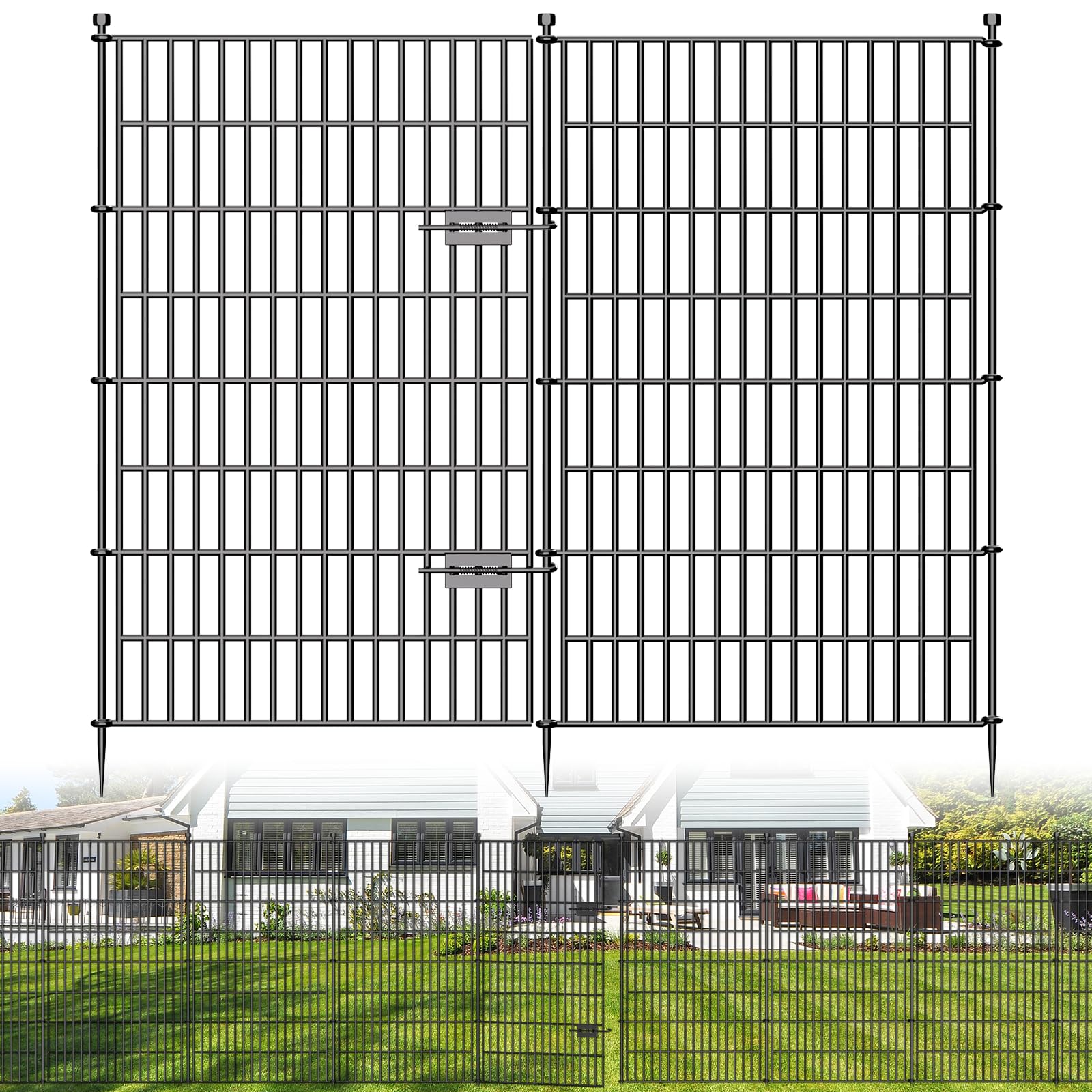 Photo 1 of 10 Panels No Dig Decorative Outdoor Garden Fence with Gate for Yard, 48 in(H) X 23.6ft(L) Animal Barrier Fencing Rustproof Metal Wire Panel Border for Dog, Rabbits, and Patio Temporary Ground Stakes