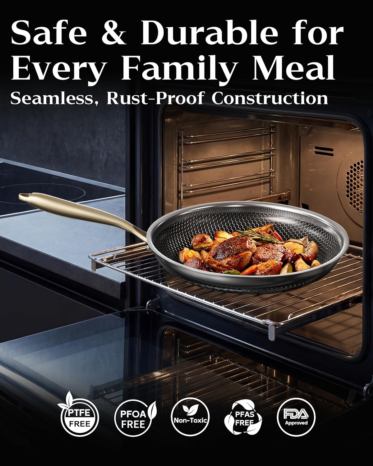 Honeycomb Stainless Steel Nonstick Frying Pan with Lid 8 Inch, Induction Cooktop Compatible Skillet, PFOA-Free Scratch-Proof, Dishwasher & Oven Safe, Stay-Cool Handle, Gold Kitchen Cookware