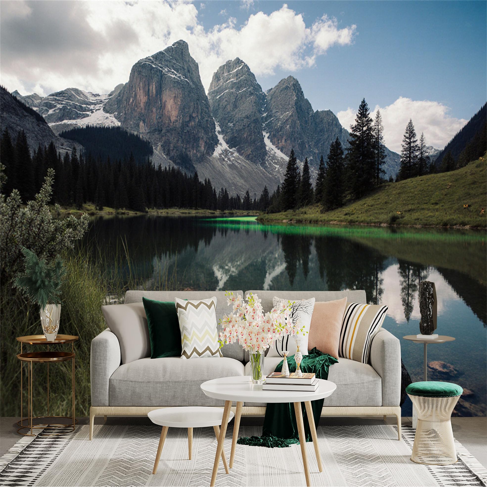 Lnzczhyre Xc260505733 Custom Size Wall Sticker Mural， Majestic Alpine Peaks， Calm Mountain Lake Reflection， Coniferous Forest Scenery， Natural Wilderness Landscape， For Wall Decoration， Peelandstick Wall Decals.