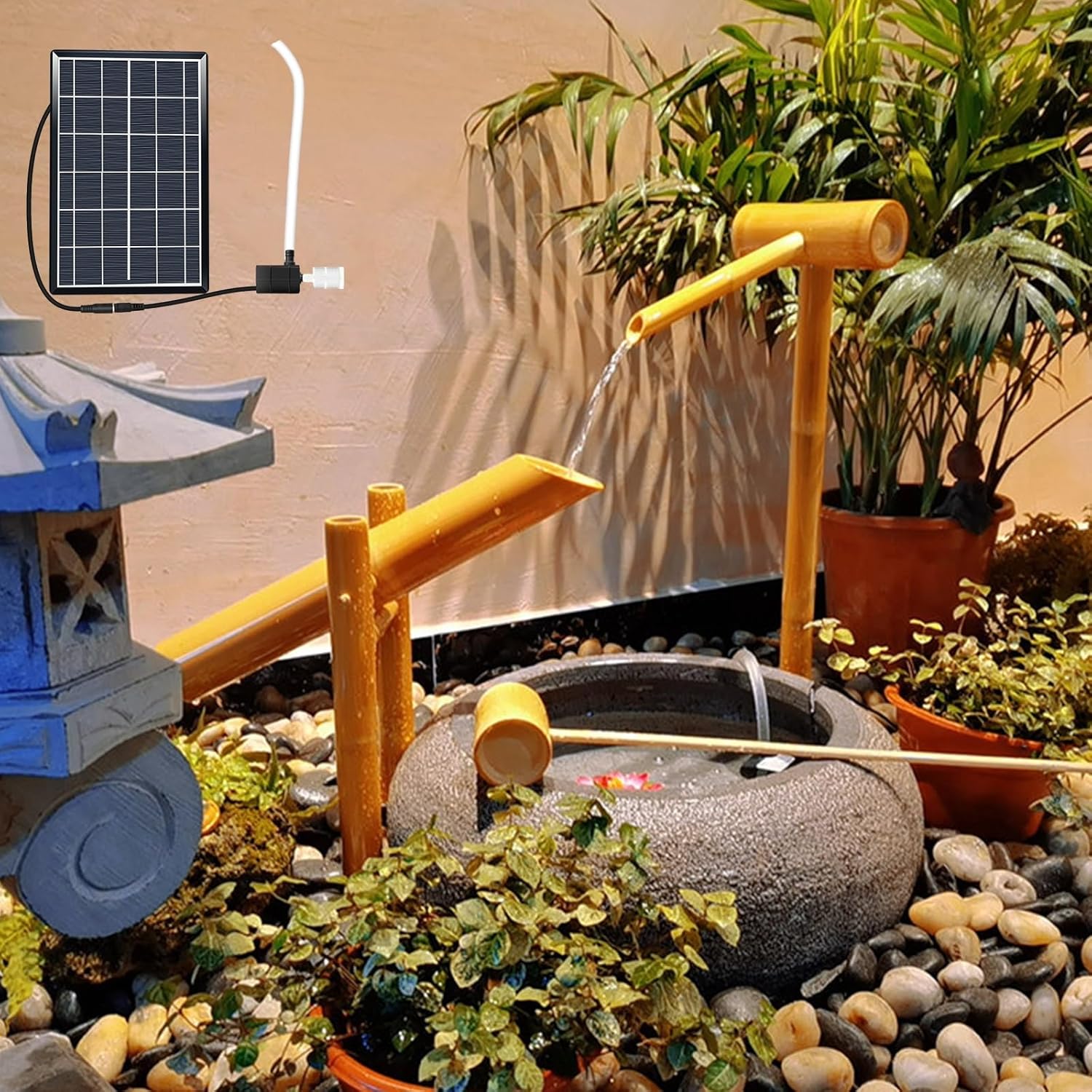Photo voltaic Bamboo Fountain Equipment, Bamboo Conventional Japanese Rocking Water Fountain with Pump, Hand-Polished, Carbonization Therapy for Patio Yard Pond Balcony Decor