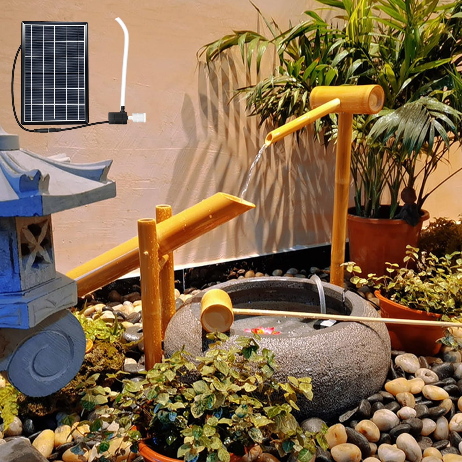 Kit Fontana Solare in bambù, Fontana Tradizionale Giapponese A Dondolo in bambù con Pompa E Pannello Solare da 6W, Cascata Autoportante per Esterni, Ideale per Patio, Giardino