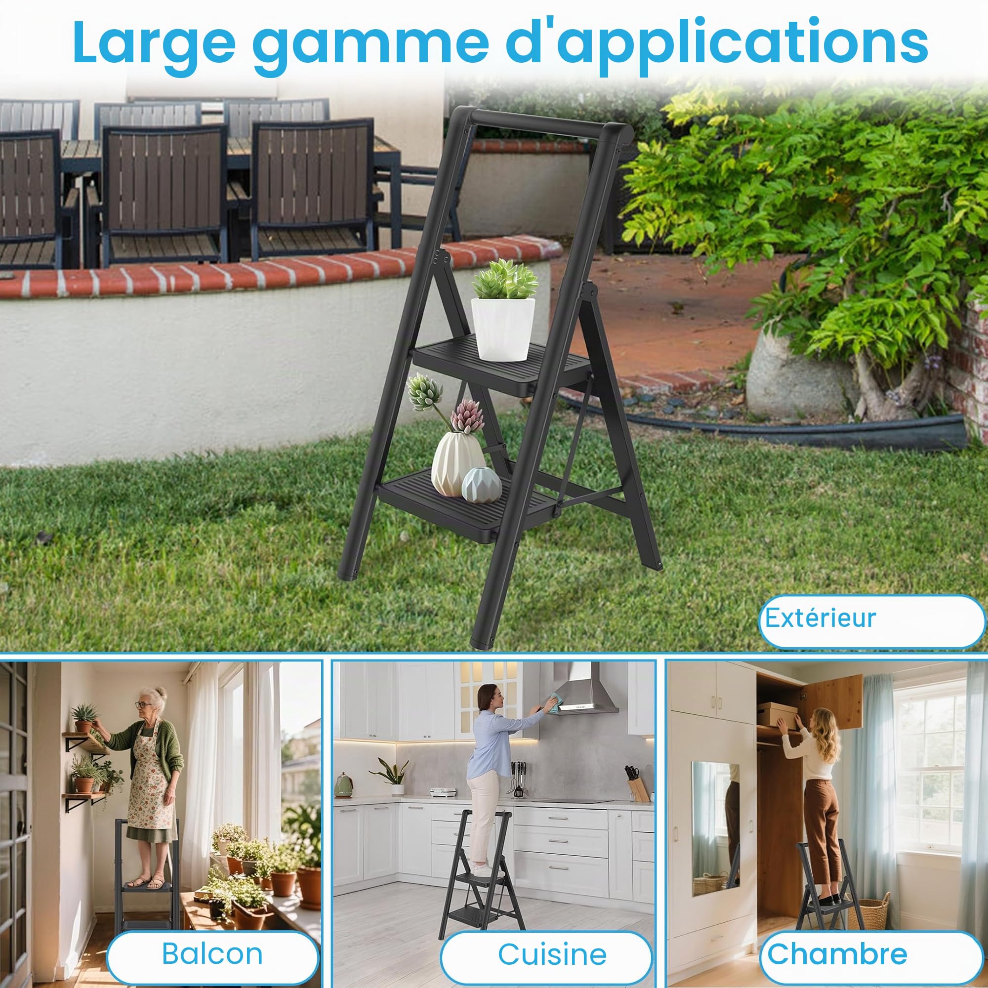 Froadp Escabeau pliable à 2 marches - Antidérapant - En fer - Multifonction - Avec main courante - Pour la maison, la cuisine et l'extérieur - Charge maximale : 250 kg