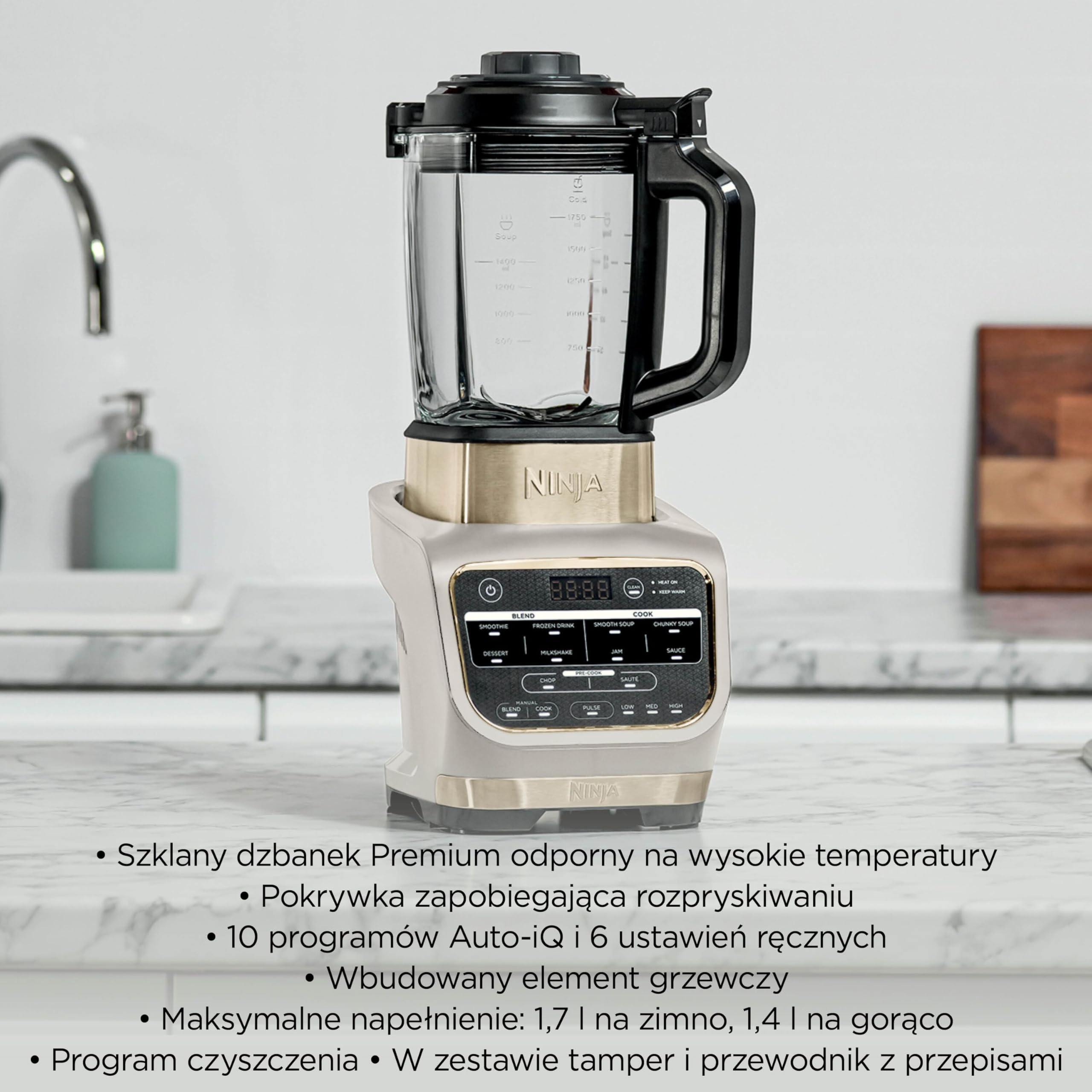 Ninja Foodi blender, blender do zup, 10 programów Auto-iQ, szklany dzbanek 1,7 l, blender: ciepło i zimno, element grzewczy, tamper, program czyszczący i szczotka, 1000 W, kamienne złoto HB150EUSTGD