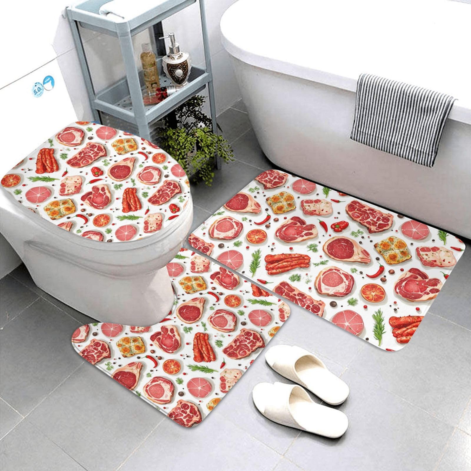 Tapis de salle de bain viande grillée ensemble 3 pièces avec contour WC en U lavable