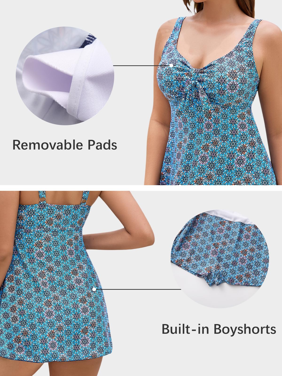 Ecupper Bañador de una Pieza Vestido Mujer | Elástico 4 direcciones, V con lazo, falda y short seguridad. Almohadillas extraíbles, estampado marroquí. Secado rápido.