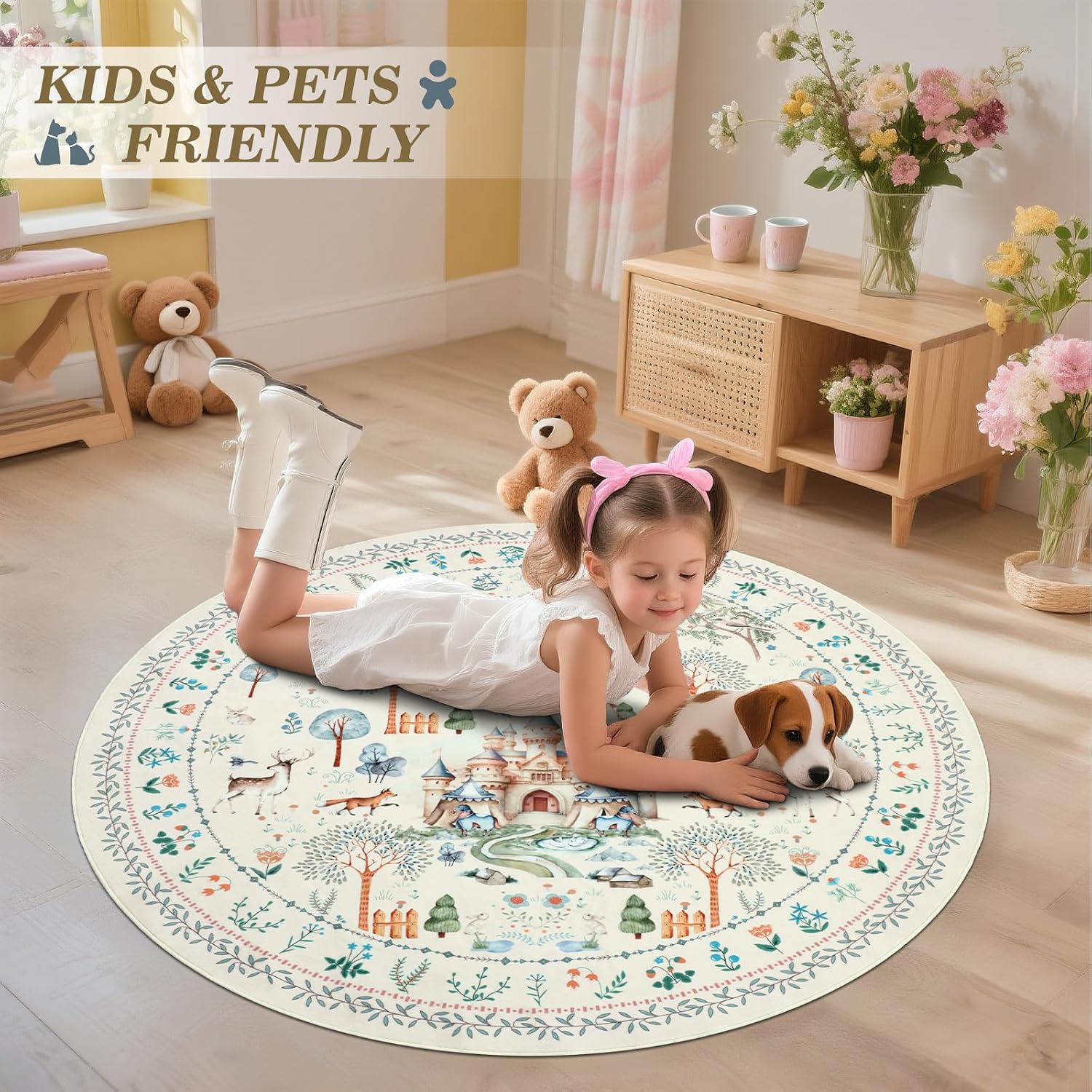 nesrt Washable Area Rugs 5Ft Round for Living Room Non Slip, Beige Dragon Forest Circle Dining Room Rugs Low Pile, Soft Animal Print Nursery Floor Carpets for Bedroom Entryway Kids Playroom Decor