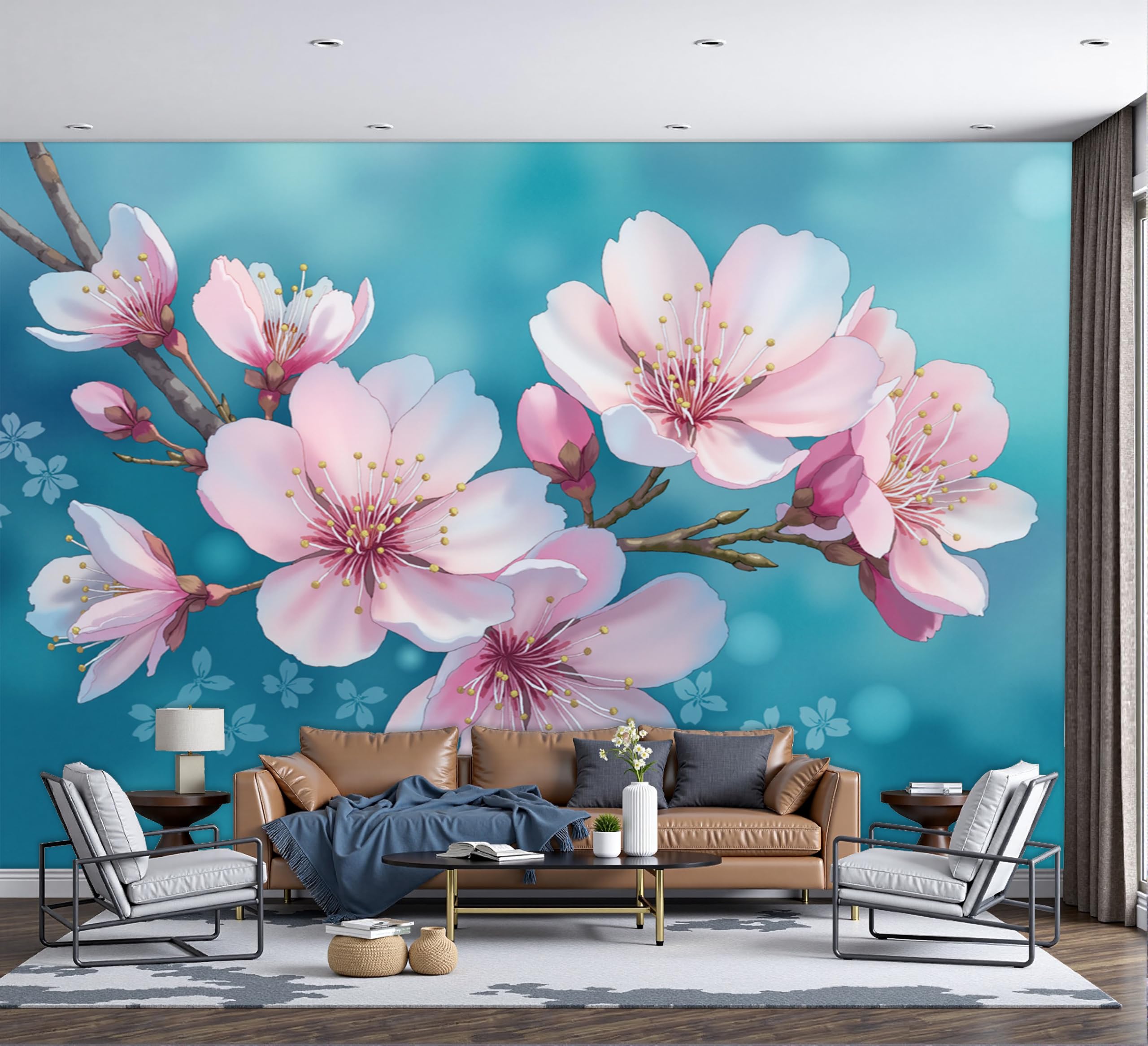 Papel pintado de flor de cerezo mural de seda azul pálido ilustraciones de plantas 3D