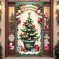 Vista 7 de Decoración de cubierta de puerta de Navidad, chimenea, letrero rojo para puerta delantera, árbol de Navidad rojo, telón de fondo para pared