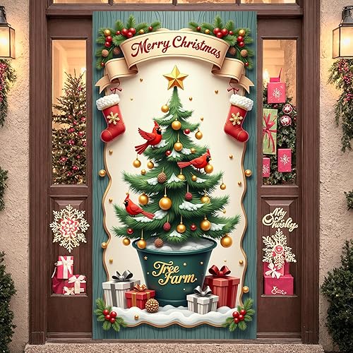 Miniatura 7 de Decoración de cubierta de puerta de Navidad, chimenea, letrero rojo para puerta delantera, árbol de Navidad rojo, telón de fondo para pared