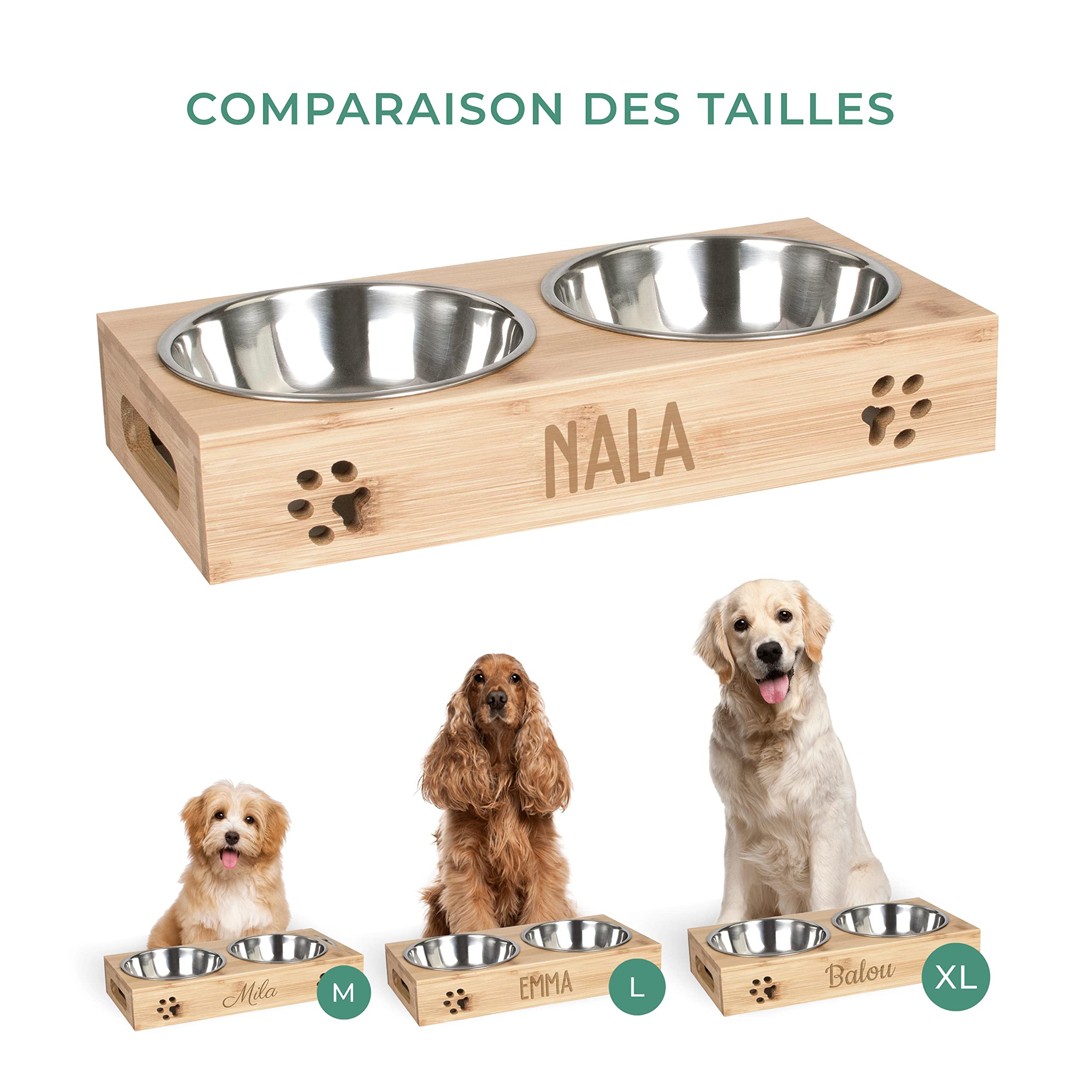 LAUBLUST Station d'alimentation pour Chiens personnalisée avec nom – Naturelle | 38x19x6cm, surélevée - Mangeoire et Abreuvoir pour Chats | 2 gamelles en INOX x 0,75L | Gamelle avec Gravure pour Chat