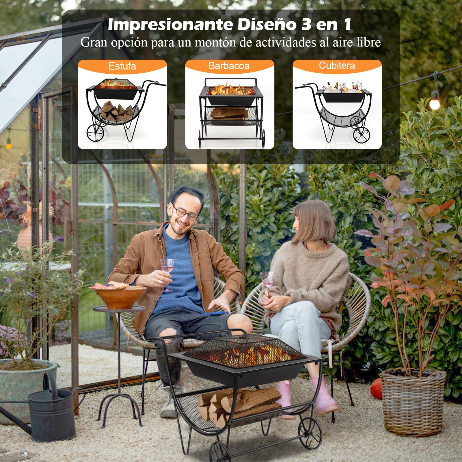 GYMAX Chimenea con Ruedas, Estufa de Leña para Terraza con Estante de Almacenamiento, Bandeja de Fuego, Brasero Exterior Jardin Portátil para Leña para Hogueras, Camping y Picnic, Negro