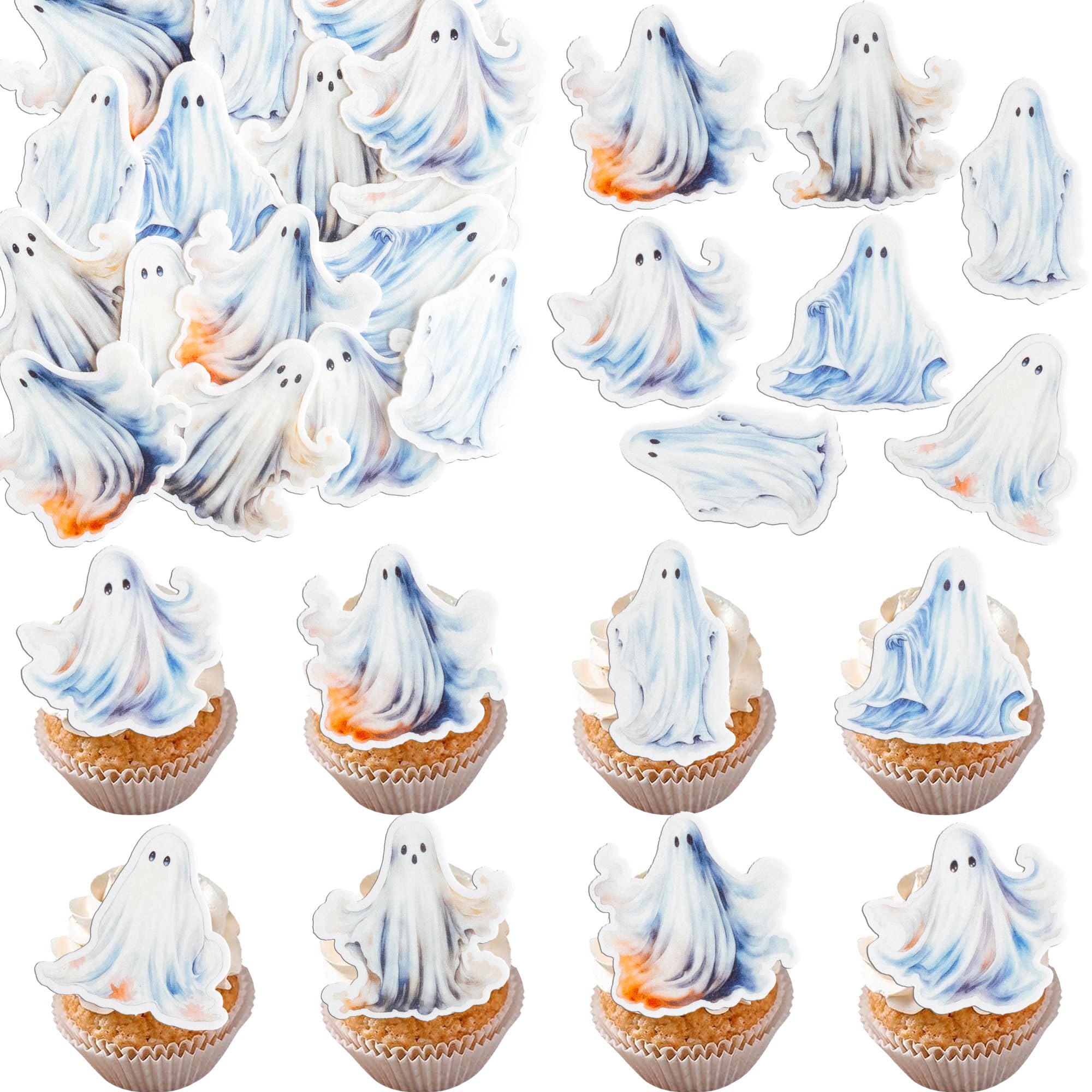Gyufise 56Pcs Halloween Cupcake Toppers Wafer Paper Spooky Cupcake Picks Edible Ghost Cake Decorations for Baby Shower Birthday Halloween Party Cake Decorations Supplies White