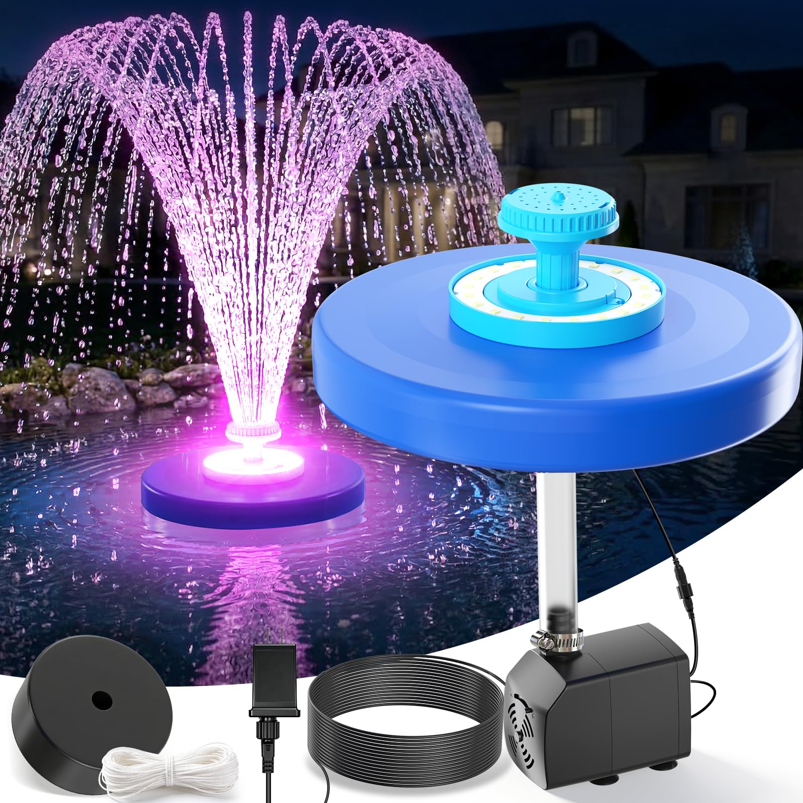 Photo 1 of Large Pond Fountain,Floating Pool Fountain with LED Lights,Big Floating Water Fountain Pump,Pond Fountain Aerator with Anchor,Outdoor Pool Water Feature for Pond,Garden (Corded Electric,33FT Cord)