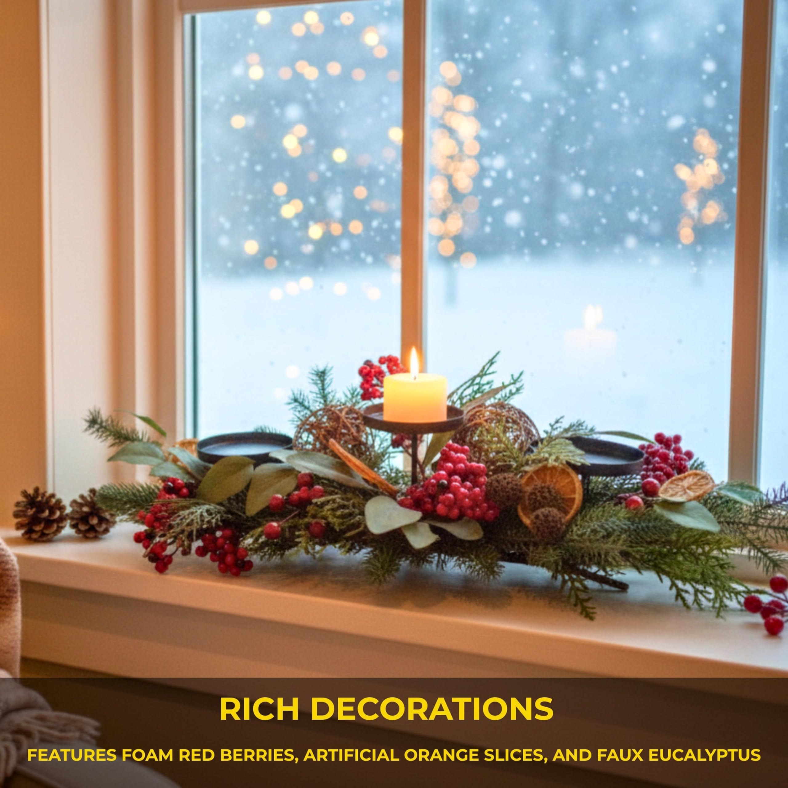 Décoration de Table de Noël avec Feuillage, Baie, Eucalyptus, tranches d'orange, Boules de rotin - Décoration Festive pour la Maison, la Salle à Manger, la cheminée - 66 cm