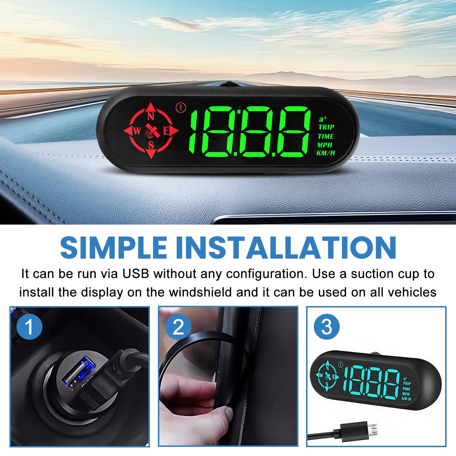 Schermo testa alta: HUD auto, tachimetro GPS, tachimetro digitale universale con installazione Plug & Play, funzionamento USB, flash automatico per tutti i veicoli
