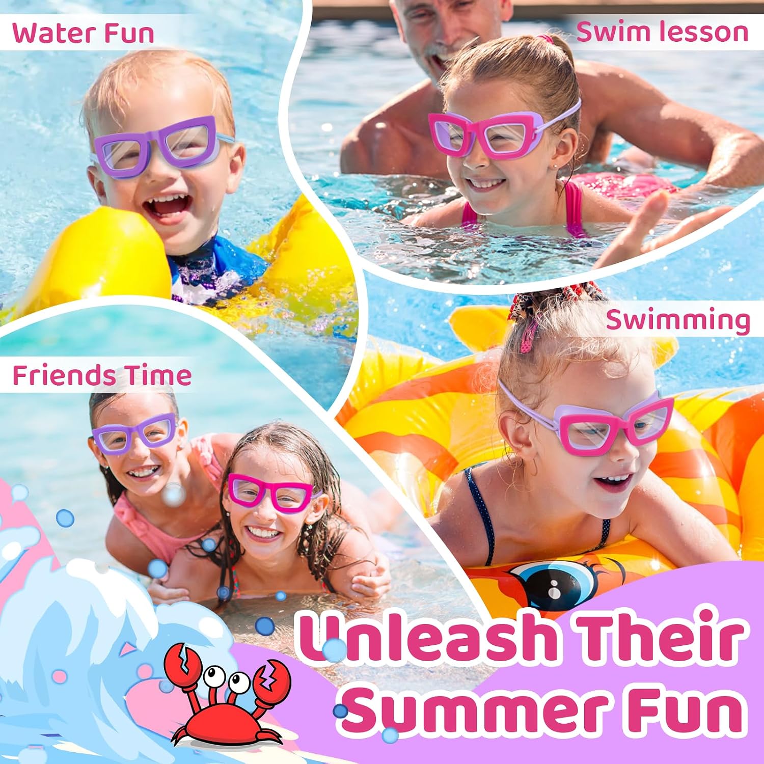 Vvinca 2 Pack Goggles for kids 3-6, Kids Swim goggles bungee Strap UV Protection Swimming goggles for Toddler Boys Girls