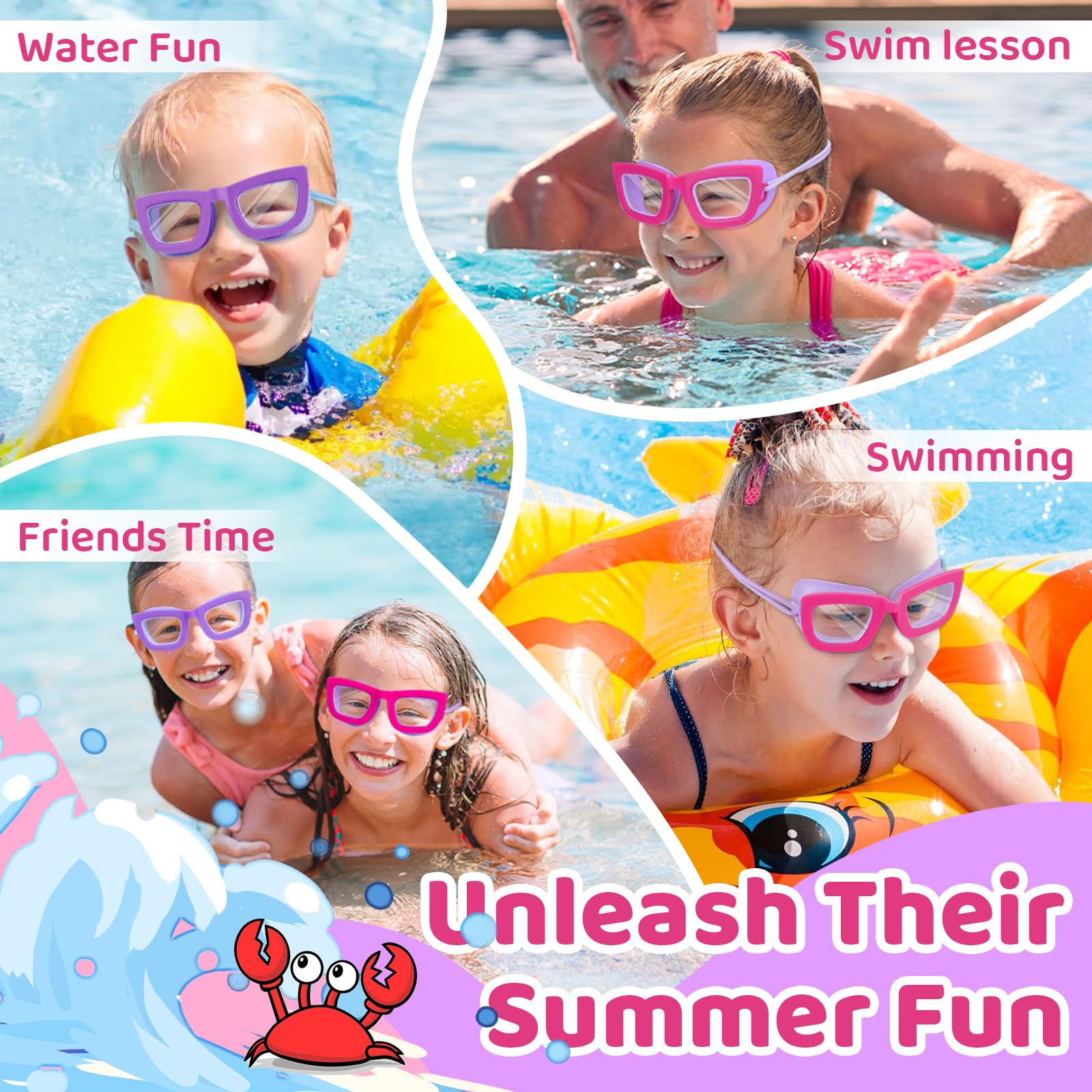 Vvinca Lot de 2 paires de lunettes de natation pour enfants avec sangle élastique, anti-buée/UV pour enfants de 3 à 10 ans
