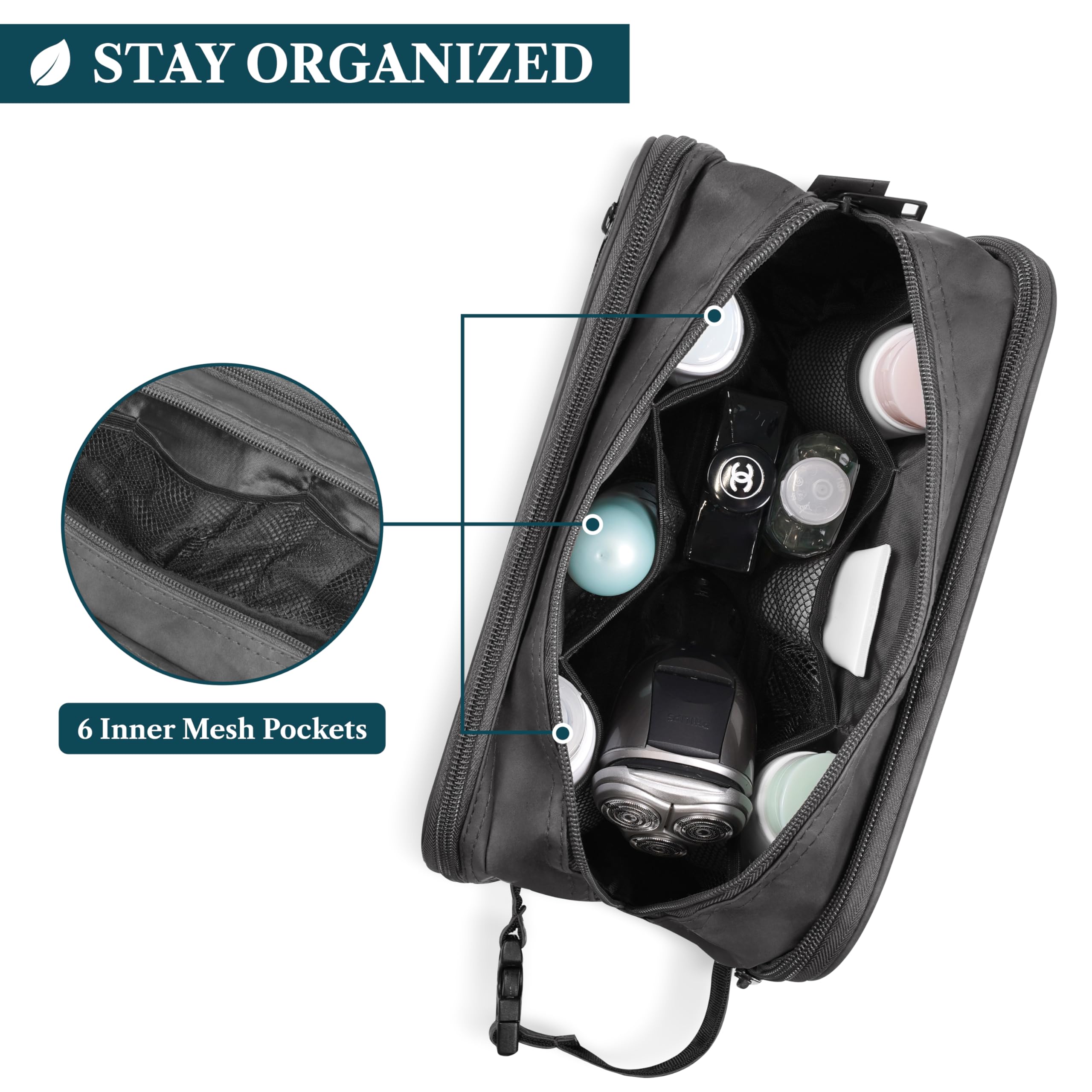 PAVILIA Kulturbeutel für Herren, Reiseutensilien, Dopp Kit, Kosmetik-Organizer, grau dunkel, Large (10.5x5.5x6), Kulturbeutel | Normale oder XL-Größe, mehrere Fächer, Reißverschlussöffnung, wasserabweisendes PU-Leder, Reise-Toilettenartikel-Schutz