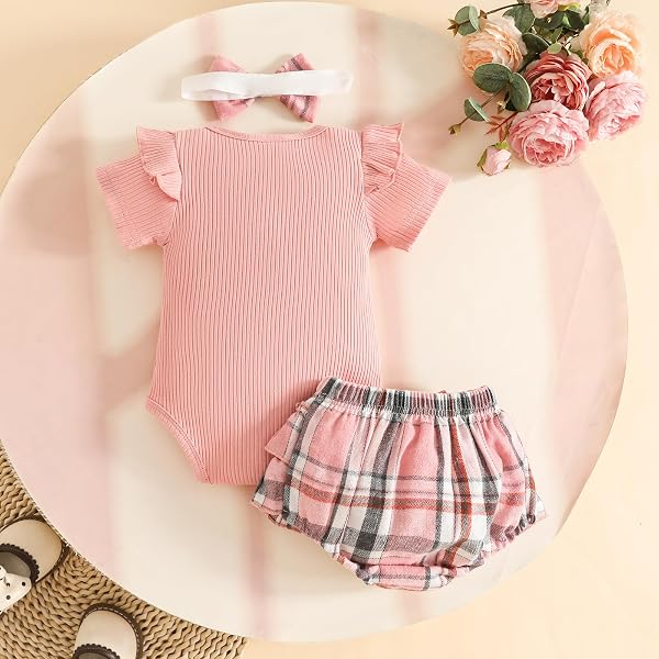 3 Pezzi Completo Abbigliamento Neonata Elegante Tutina Vestito Abito a Quadri Manica Corta Romper Battesimo + Fascia Bowknot per Bambine - 2