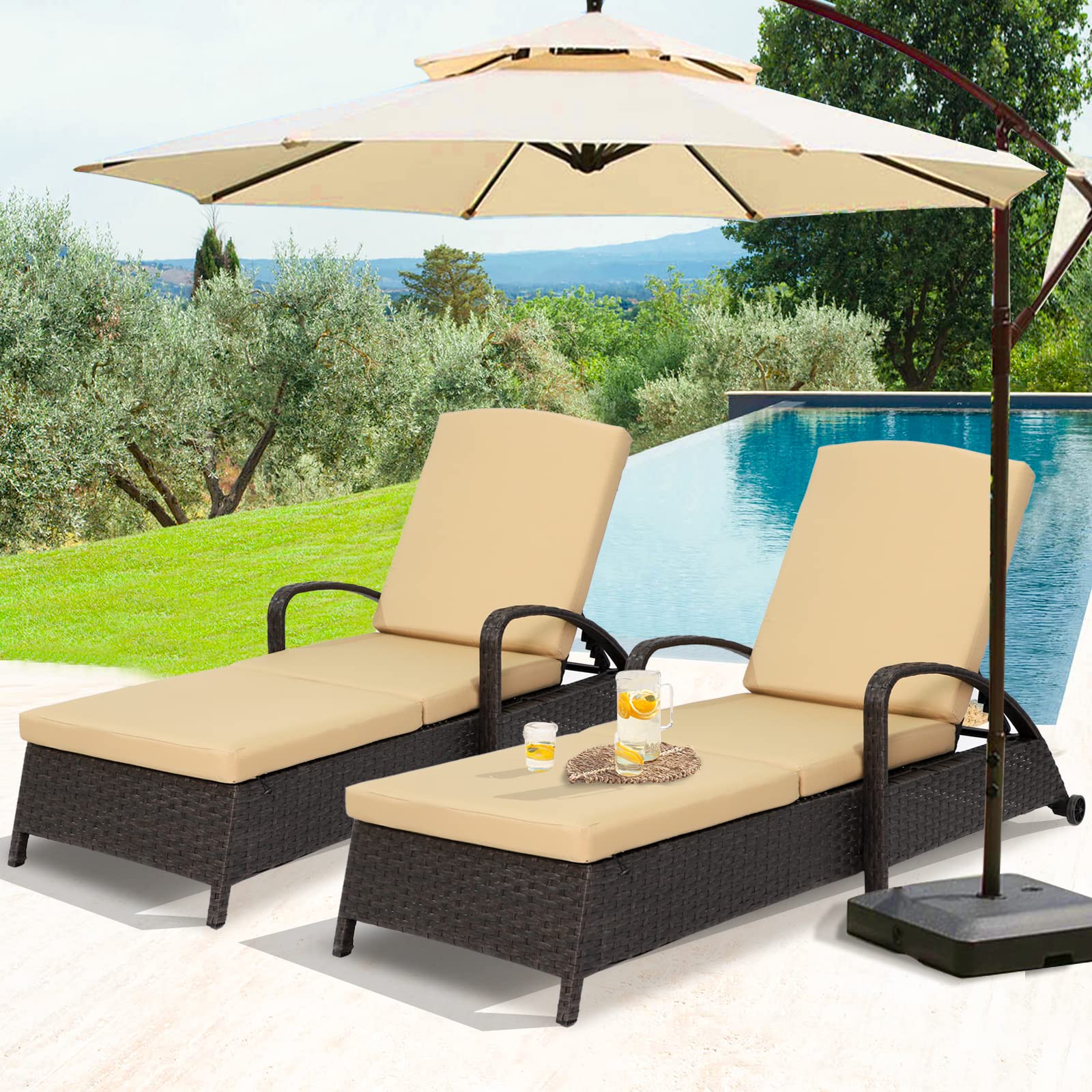 MAGIC UNIONPool Lounge Chairs Set of 2 for Outside, PE Rattan Outdoor Reclining Lounge Chair Sunbathing, Patio Chaise Lounge Chair with Wheels and Adjustable Backrest for Backyard Deck Beach, Khaki