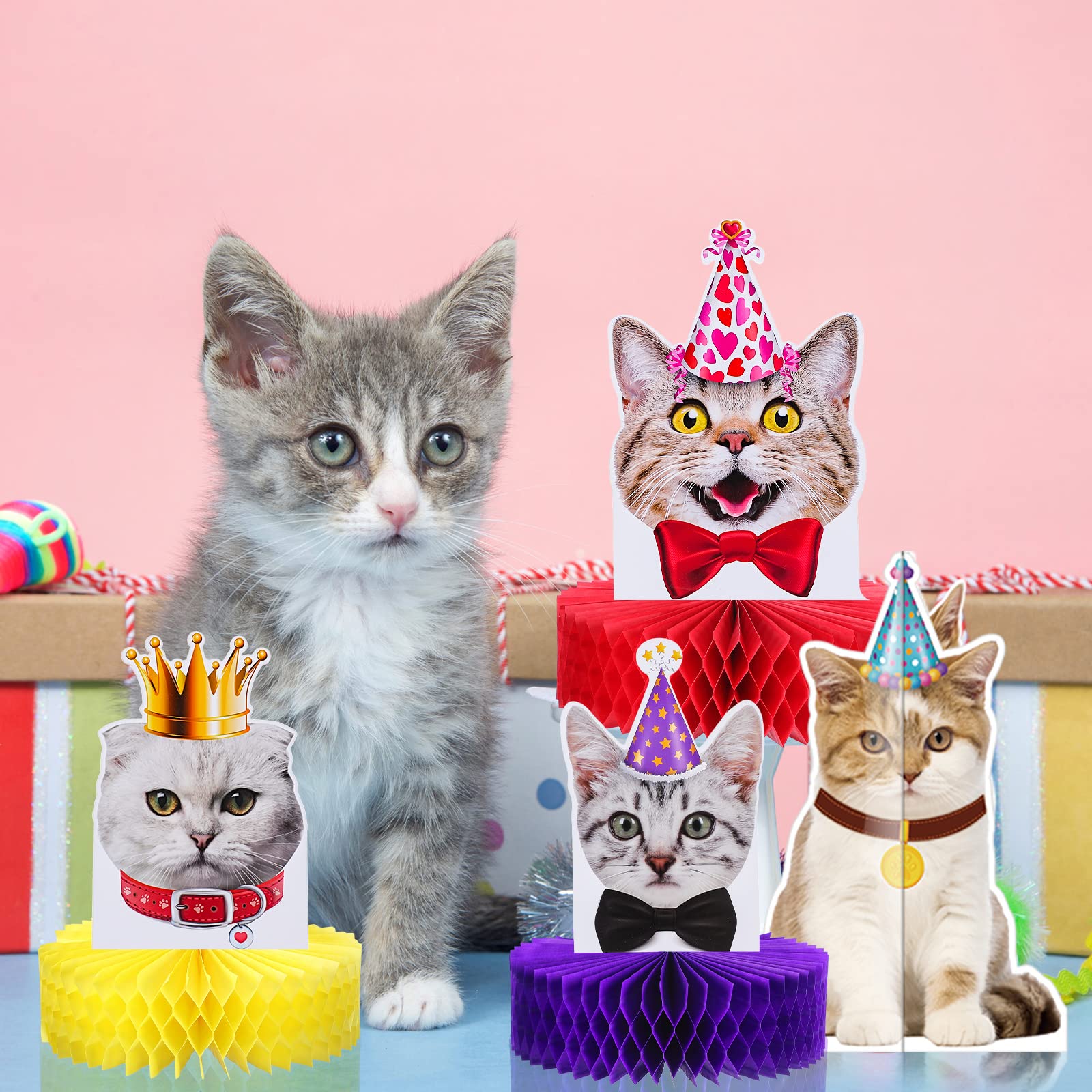 Snapklik.com : 9 Pcs Cat Themed Honeycomb Centerpieces Cat Birthday