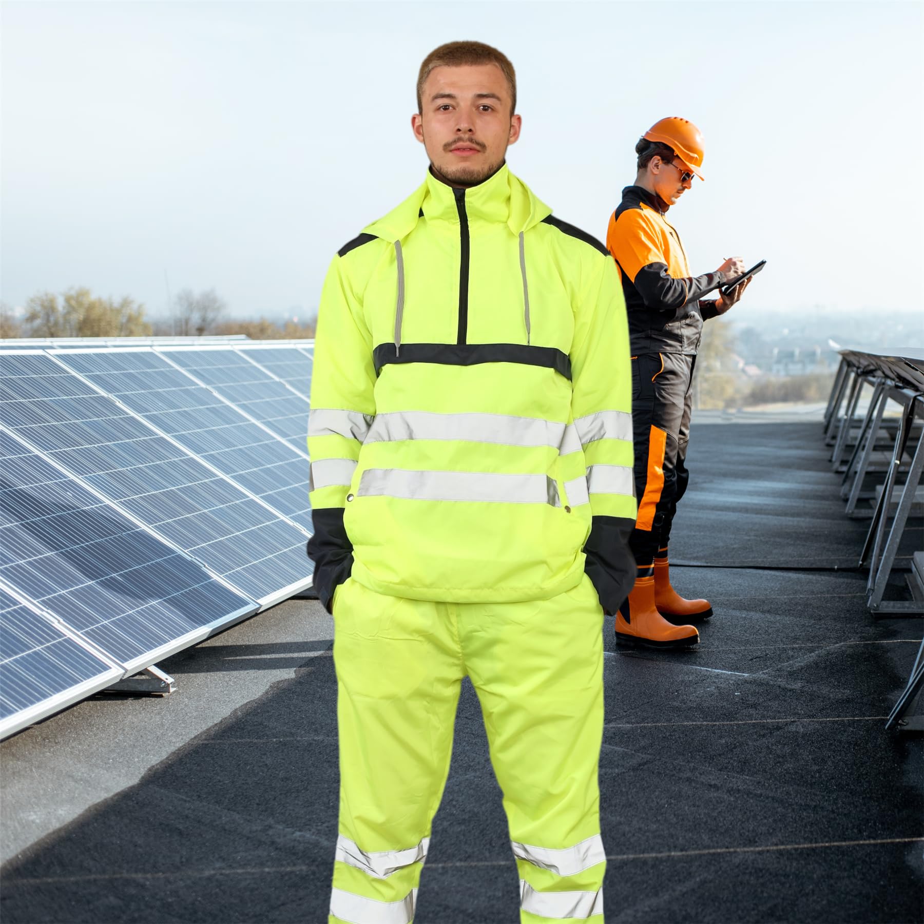 Męski kombinezon przeciwdeszczowy Hi Vis, robocza kurtka ostrzegawcza z kapturem, wodoodporne spodnie, elastyczna talia, zestaw odzieży przeciwdeszczowej